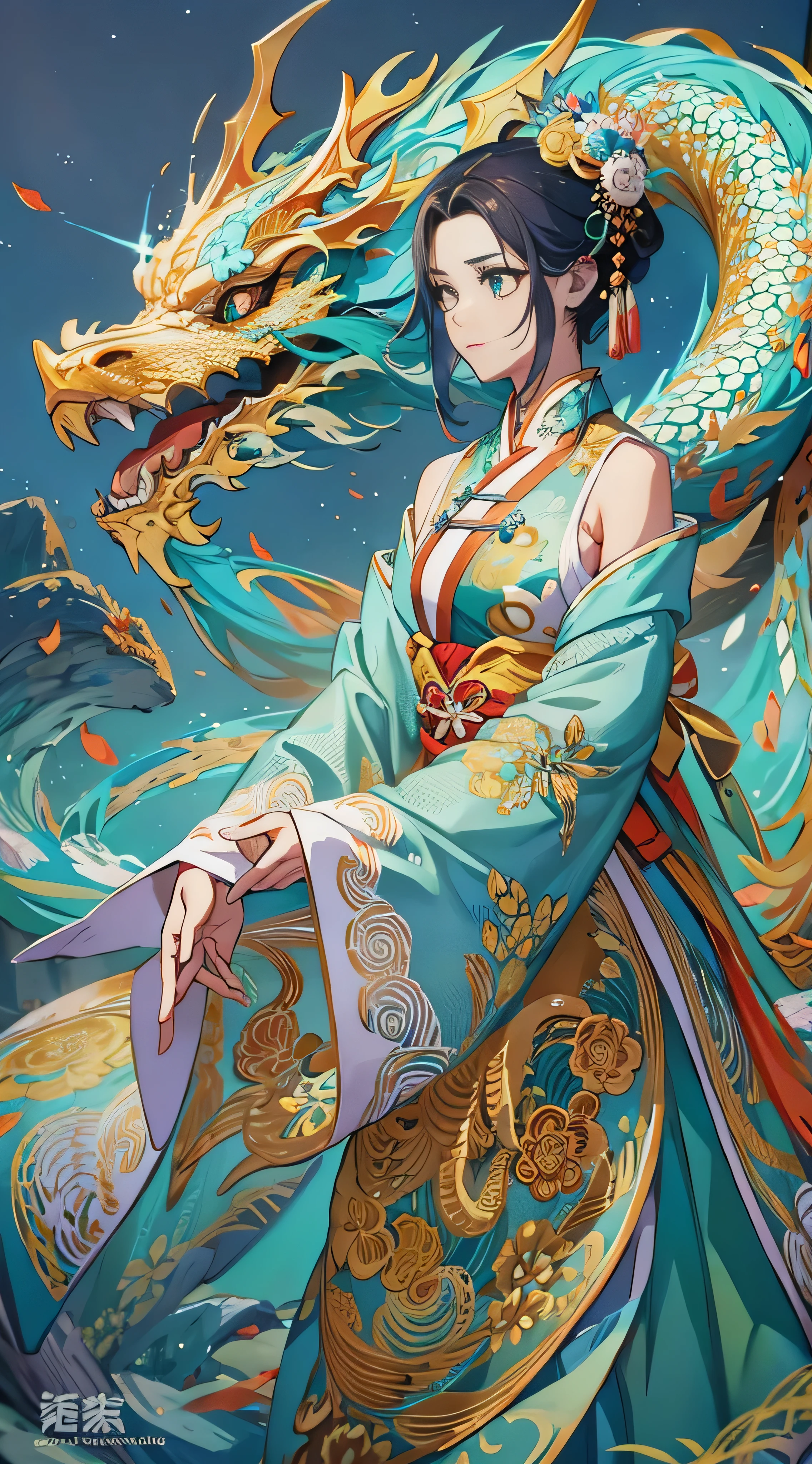 * 8k masterpiece , top quality,  top quality,  Official Art , Dragon God and Beauty ( Beauty and Aesthetics : 1.3),  very detailed, ( fractal art : 1.3),  colorful , Ice and Chinese dragon,  Serpentine Body, claw, Cyan and 1 Woman, Han Women's Media , Hanfu,