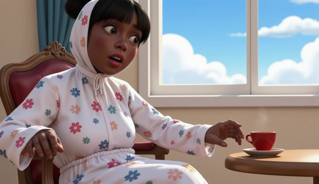 side view, 3D animation with vibrant color palette, ((full body)), ((pixar animation)), contrasting colors with bright sky. cute white pocong, cloth pattern with various flower colors, black face, red eyes, red lips, confused face, sitting on a chair, table, there is a cup of hot coffee on the table.