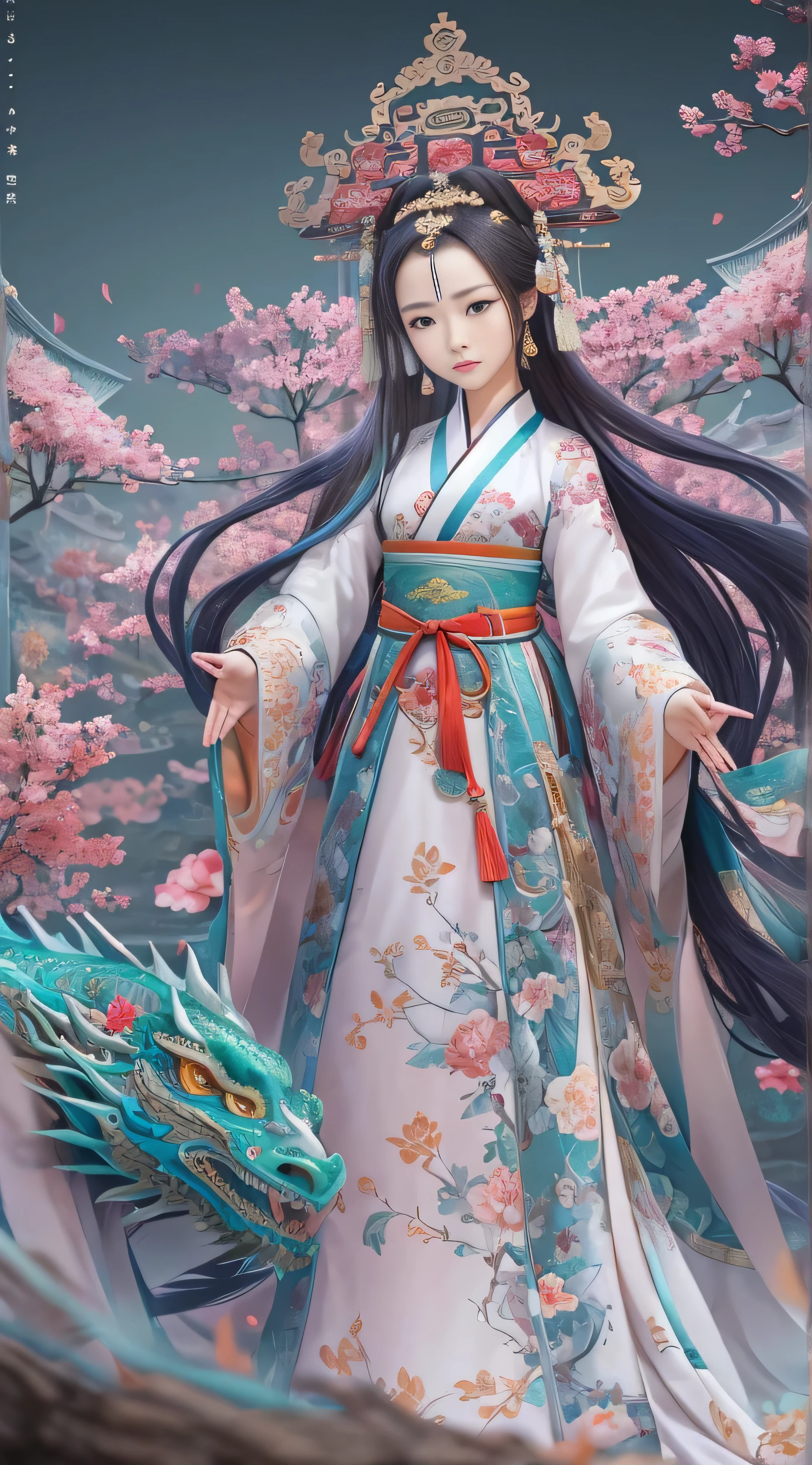 * 8k masterpiece , top quality,  top quality,  Official Art , ( Beauty and Aesthetics : 1.3),  very detailed, ( fractal art : 1.3),  colorful , Ice and Chinese dragon,   serpentine body, claw, Cyan and 1 Woman, Han Women's Media , Hanfu, Cyan