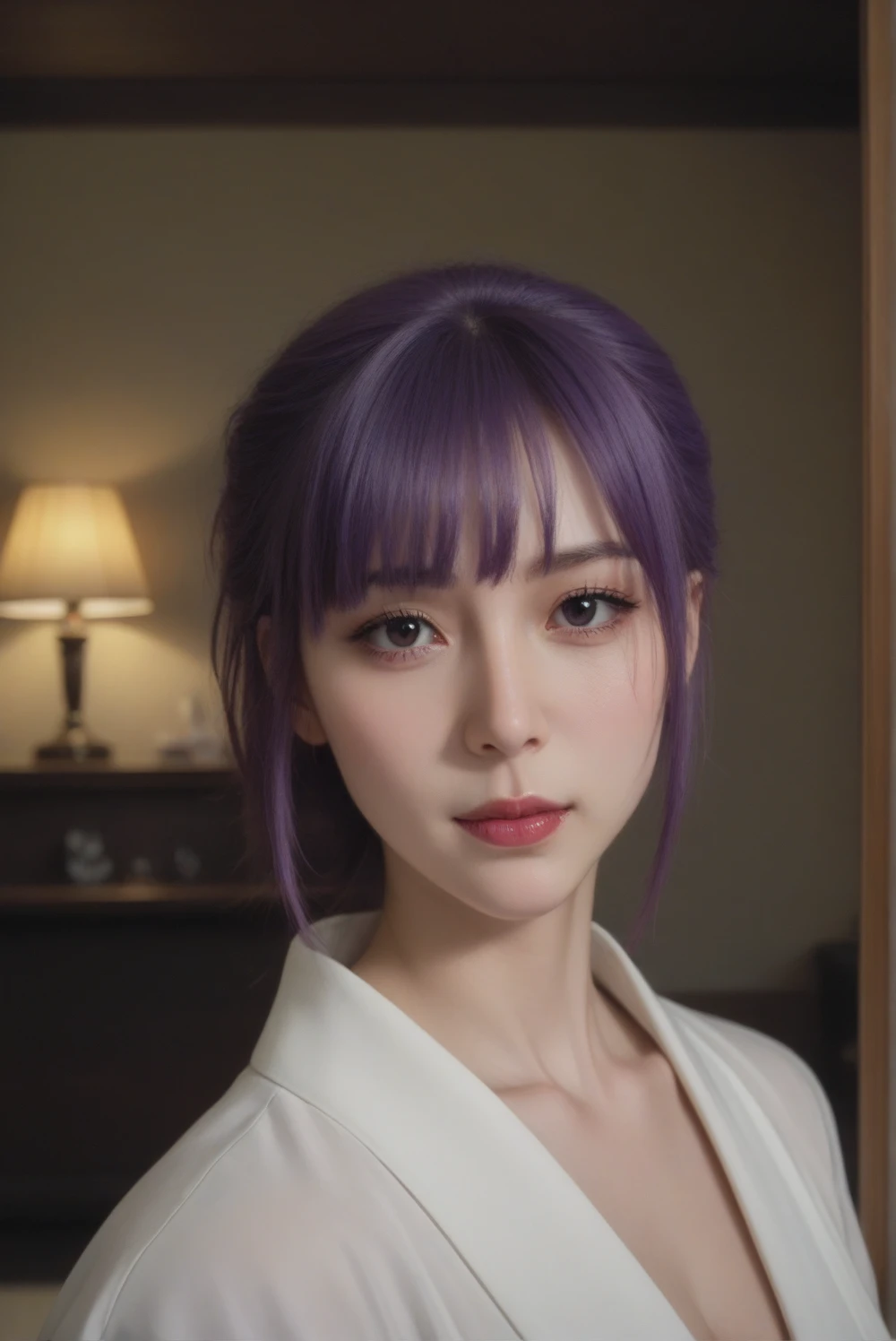 a beautiful girl with violet hair and purple gloss, wearing a semi-open kimono, posing seductively on a bed in a bedroom, (best quality,4k,8k,highres,masterpiece:1.2),ultra-detailed,realistic,photorealistic,photo-realistic:1.37,HDR,UHD,studio lighting,ultra-fine painting,sharp focus,physically-based rendering,extreme detail description,professional,vivid colors,bokeh,portrait