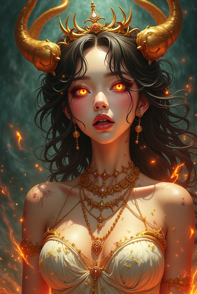 (best quality, 4k, 8k, highres, masterpiece:1.2),ultra-detailed,detailed face,realistic,Lotan beautiful caucasian woman with straight long black hair,blue eyes,flustered expression,very long hair,colored inner hair,fair skin,voluptuous,detailed lips and eyes,expressive face,attractive appearance,dragon horns on the head,Dance of a fire nymph, flames in rhythmic motion, vivaciously radiant, magical fire-lit realm, warm, flickering firelight, joyfully energetic, crafted in the style of Brian Froud, digital fantasy art, vibrant colors,
BREAK detailed perfect fingers, perfect fingers, detailed perfect hands, perfect hands, detailed perfect face, perfect face, happy, smile, open mouth, tall female