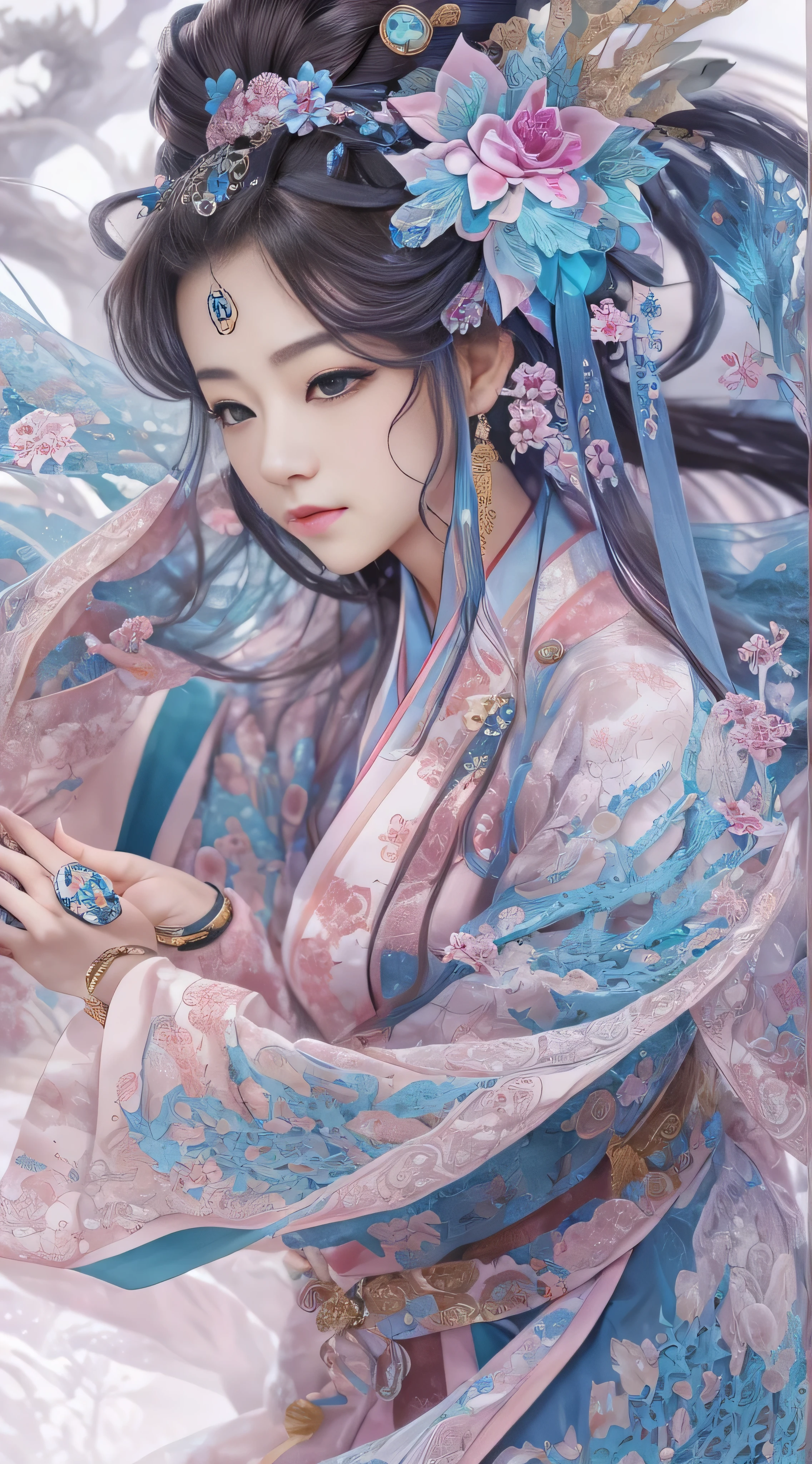 * 8k masterpiece , top quality,  top quality,  Official Art , Dragon God and Beauty ( Beauty and Aesthetics : 1.3),  very detailed, ( fractal art : 1.3),  colorful , Ice and Chinese dragon,  Serpentine Body, claw, Cyan and 1 Woman, Han Women's Media , Hanfu,