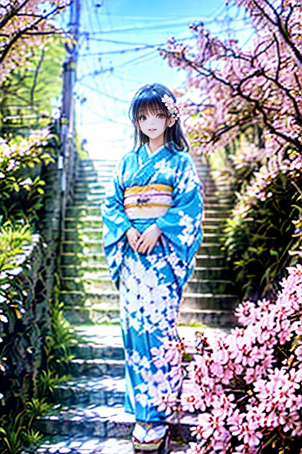 (( A girl climbing a long staircase in a row of cherry blossom trees))　( Wearing a traditional Japanese kimono )　 Brown Long Hair 　Highlighted Hair 　 　 deep neckline 　smile　 Exact Face Drawing 　Exact Hand Depiction 　Spring weather　( Cherry blossom tree with lots of flowers blooming )　 Cherry Blossom Petals 　( Distant townscape seen below the stairs behind the girl )　Steep slope　Composition from above　View from the top of the stairs 　 detailed down to the smallest detail　Detailed depiction　anime　 high definition 　( high definition)　( top quality)　 Masterpiece