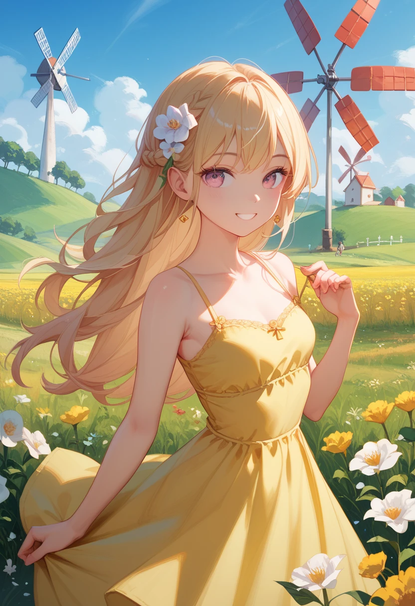  top quality、 anime painting、One girl、One fat man 、Girl Hugs Man 、Delighted man、whole body、Smiling Girl、 very small breasts、Slim body、 Smooth Long Hair、 Yellow Dress 、Flower Field、windmill