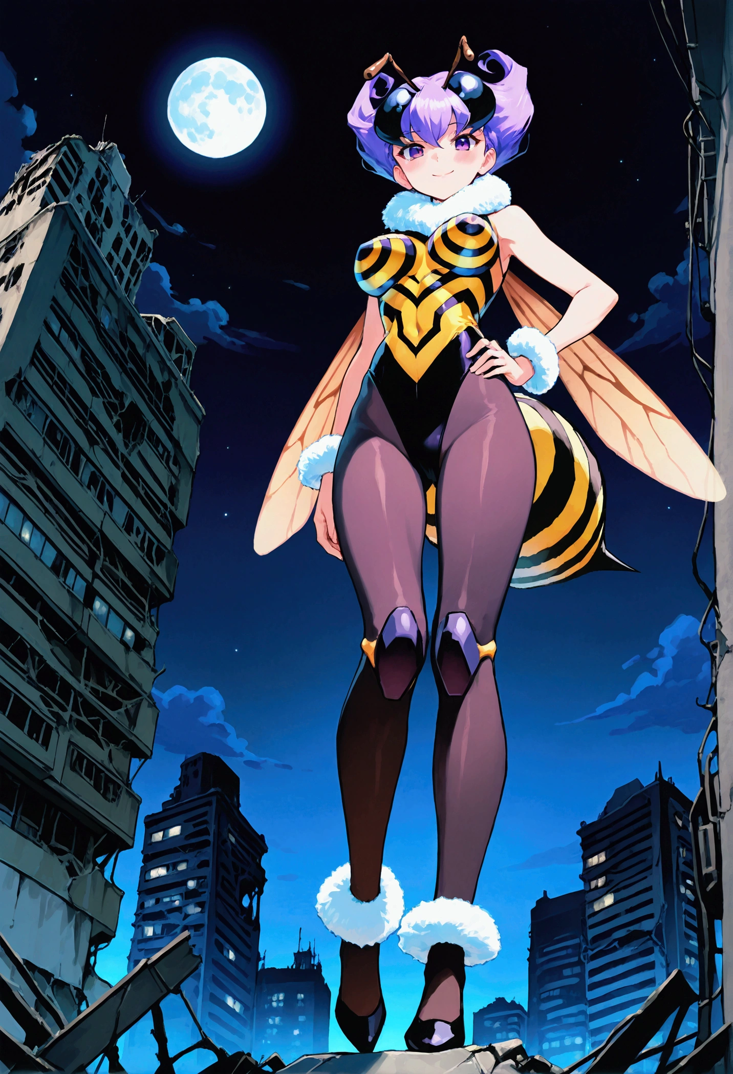 score_9,score_8_up,score_7, source anime, BREAK, 1girl, solo, bee girl, q-bee darkstalker, abdomen tail, bee tail, arthropod girl, wings, solo, antennae, purple hair, insect wings, monster girl, purple eyes, short hair, pantyhose, looking at viewer, purple pantyhose, bangs, leotard, fur collar, full body, smile, bare shoulders, bodysuit, sleeveless, breasts, fur trim, seductive, sexy, night sky, post-apocalypse, crumbling city on background, late night, moon, (masterpiece), best quality, high res, HD, 4k, 8k, Detailed Illustration, intricate detail, cinematic lighting, amazing quality, amazing shading, soft lighting, absurdres, newest, close-up, portrait,  low angle view, from below, hand on hips,