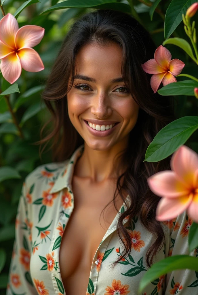 A Brazilian woman in a lush tropical garden, wearing an open shirt with a floral print, with a close-up capturing the harmonious beauty between her breasts and the natural flowers, showing off your natural charm and outgoing personality.
