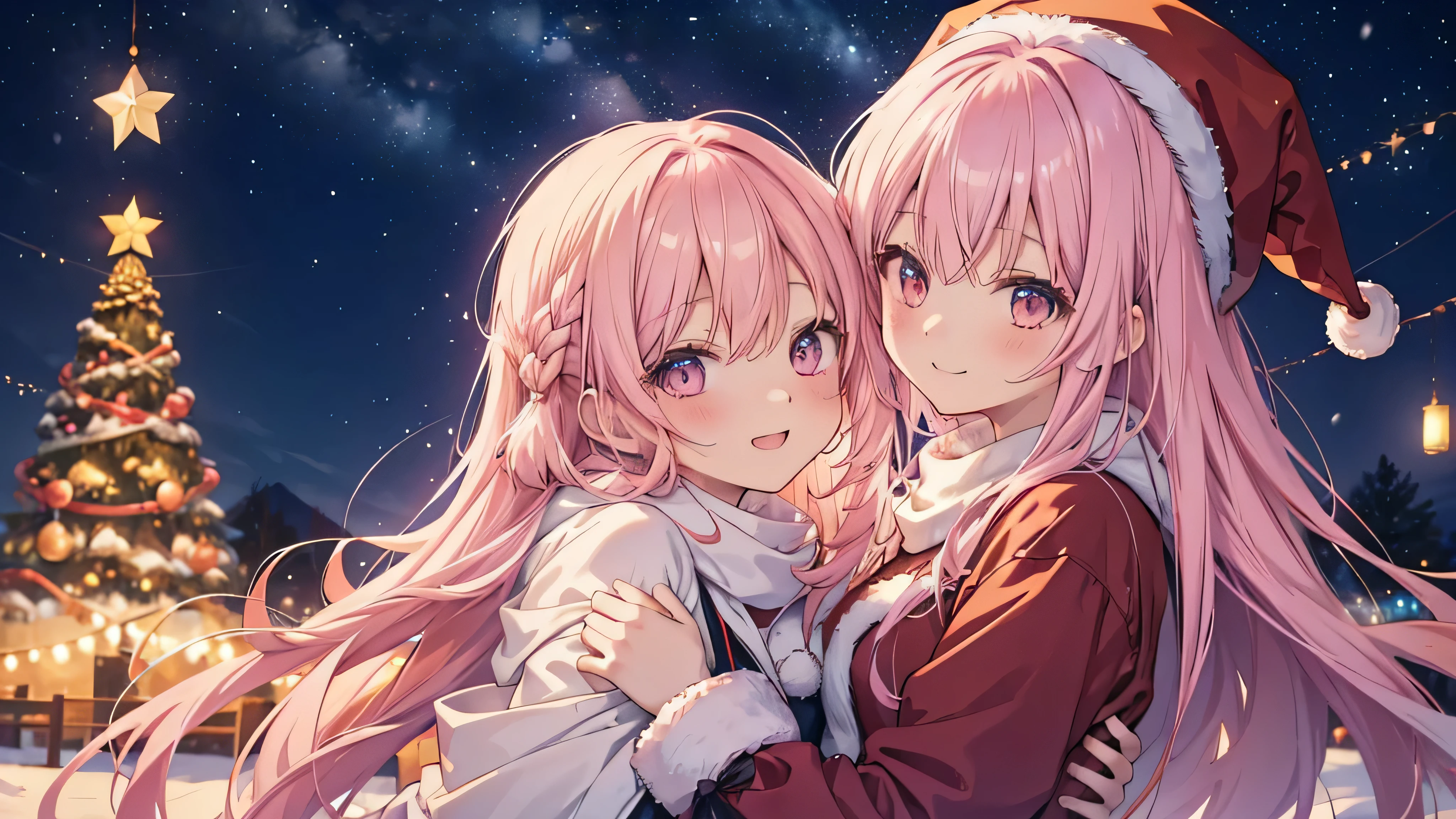  cute anime pink haired girl、 Dynamic、 long hair、 Christmas tree( Best Smile 、 Christmas style ,Snow Scene,) side angle,Night Sky,Dreamlike、 enchantment、 Shine、Warm colors、Soft lighting