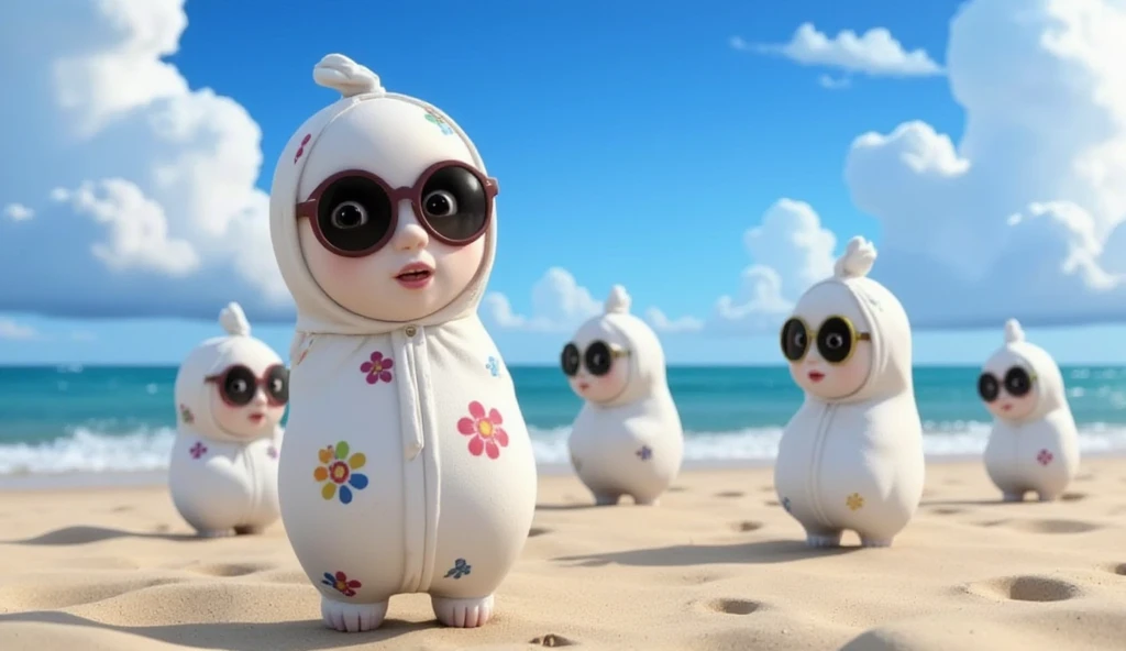 3D animation with vibrant color palette, ((full body)), ((pixar animation)), colors contrasting with bright sky. cute white pocong, colorful flower pattern, black face, red eyes, red lips, sunglasses, standing, other ghost friends visible, on the beach sand