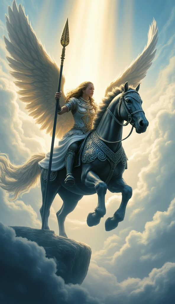 ((masterpiece)) ((photography)) ((Highest quality)) A majestic angel riding a winged horse above the clouds, bathed in a divine golden light. The angel, dressed in flowing white armor with intricate silver engravings, holds a long spear that gleams with heavenly power. Her long, radiant hair flows behind her as the horse’s powerful wings beat with grace, sending clouds scattering beneath them. The sky around them is a soft gradient of pastel blues and purples, with beams of sunlight breaking through, creating a sense of peace and majesty. The atmosphere is ethereal, as if they are soaring through the gates of a celestial kingdom, embodying strength and serenity. divine mystery.