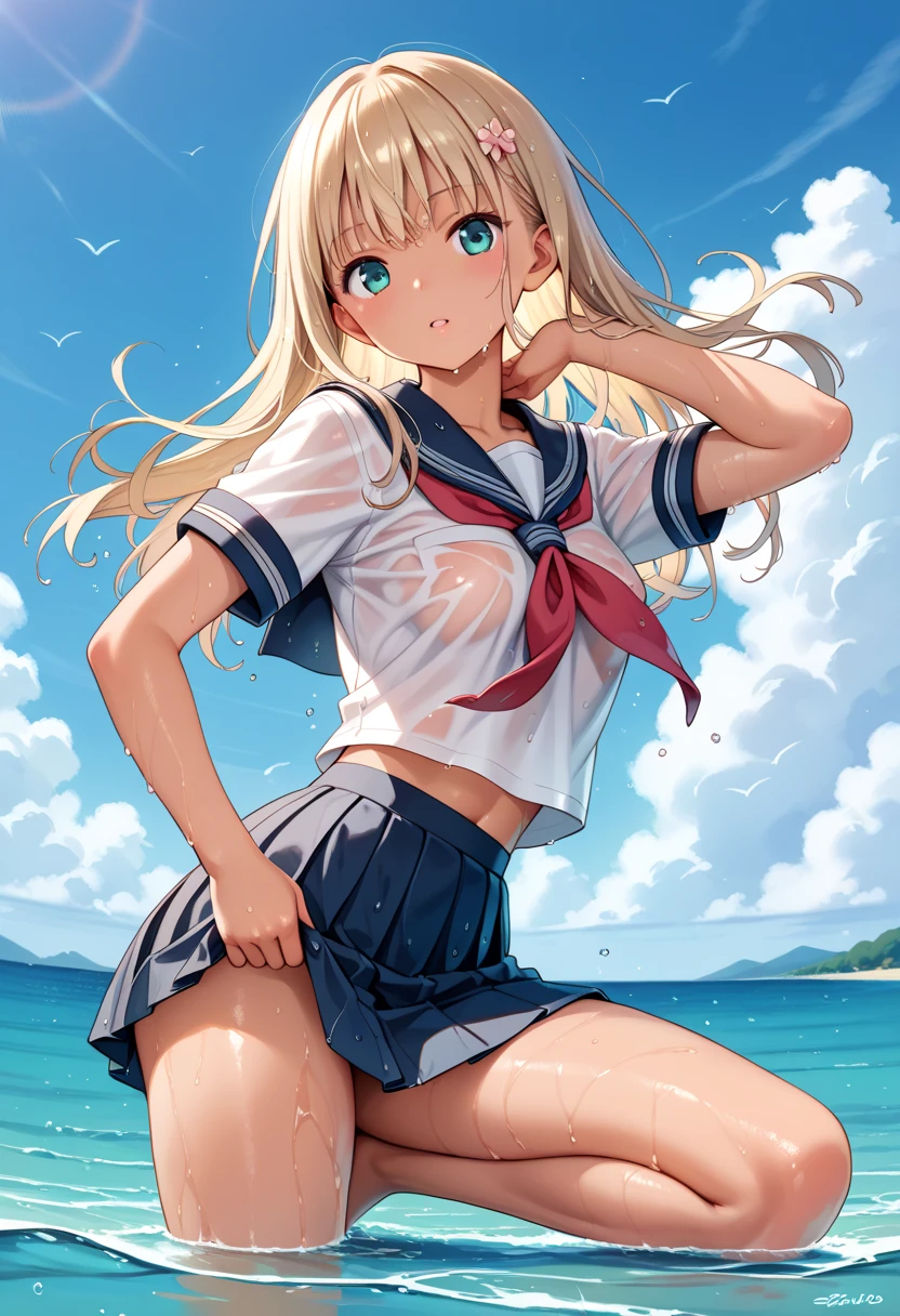Tight skin, perfect body proportions, perfect facial features, clear eyes, cute, pure, lively and cute girl wearing sailor uniform walking on the beach on the shore with white stockings
