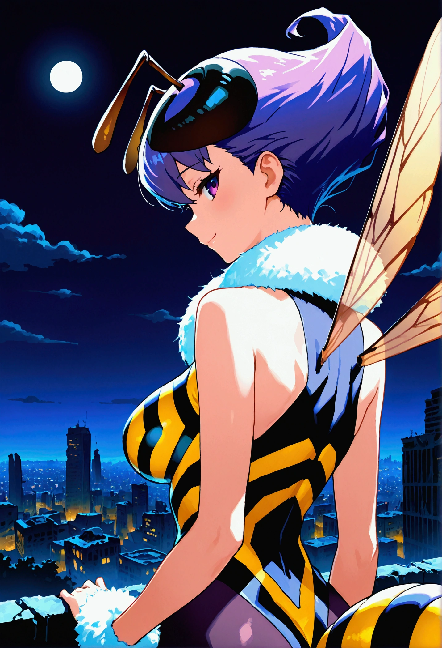 score_9,score_8_up,score_7, source anime, BREAK, 1girl, solo, bee girl, q-bee darkstalker, abdomen tail, bee tail, arthropod girl, wings, solo, antennae, purple hair, insect wings, monster girl, purple eyes, short hair, pantyhose, looking at viewer, purple pantyhose, bangs, leotard, fur collar, smile, bare shoulders, bodysuit, sleeveless, breasts, fur trim, seductive, sexy, night sky, post-apocalypse, crumbling city on background, late night, moon, (masterpiece), best quality, high res, HD, 4k, 8k, Detailed Illustration, intricate detail, cinematic lighting, amazing quality, amazing shading, soft lighting, absurdres, newest,  half-length portrait, close-up, from behind, back, rear back,