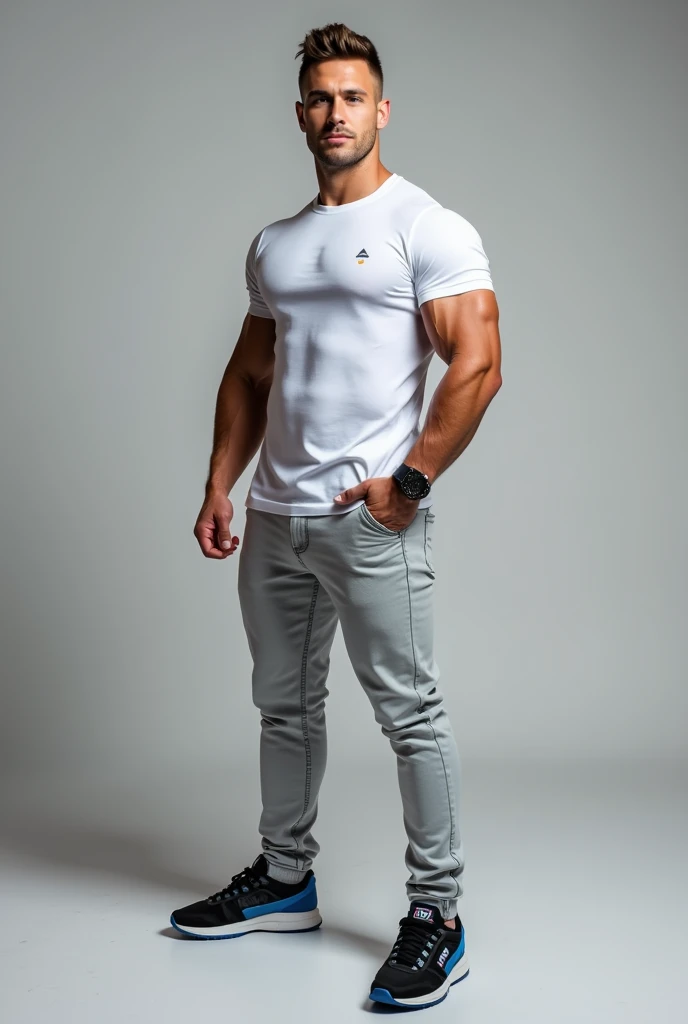 (((full body))), homem de 41 anos, barba, cabelo curto, white shirt and jeans,tenis nike nos pes, in the background the city of Fortaleza in Ceará