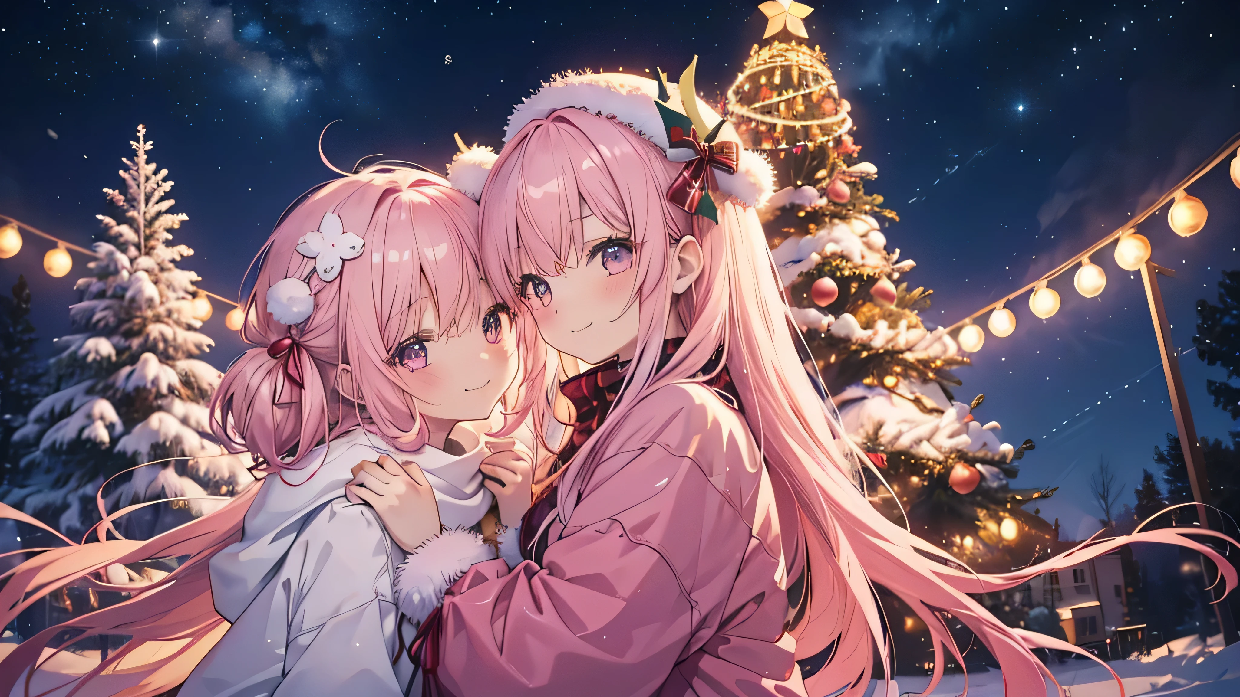  cute anime pink haired girl、 Dynamic、 long hair、 Christmas tree( Best Smile 、 Christmas style ,Snow Scene,) side angle,Night Sky,Dreamlike、 enchantment、 Shine、Warm colors、Soft lighting