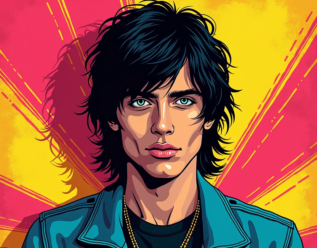 Julian Casablancas from The Strokes. Pop Retro comic style. Very colorful. High saturation