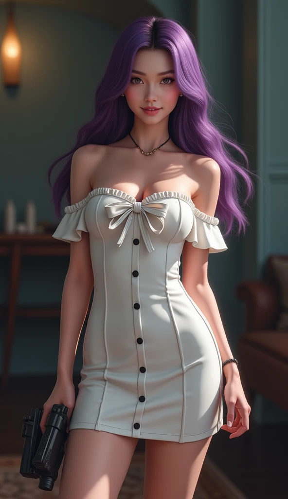 Claire Redfield from Resident Evil, posing seductively to viewer, solo focus:1,2, pov, beautiful thick thighs, realistic hands, standing beautiful background, long purple hair, 3/4 body, off-shoulder buttoned  white dress ((best quality)), ((masterpiece)) white bow, doe eye, pink lips, hot girl, real life,very skinny,model, 18 years old, super long hair,flat belly , smilling, close up face, korean face,korean hair