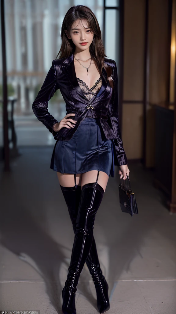 photorealistic,A seductive woman is wearing see-through Overcoat, paired with a black lace bra underneath.She's also wearing hot shorts and black over-the-knee high heel boots.Fishnet Stockings,Depth of field,masterpiece,Surreal Photo,incredibly,absurdres,finely detail,huge filesize,absurdres,