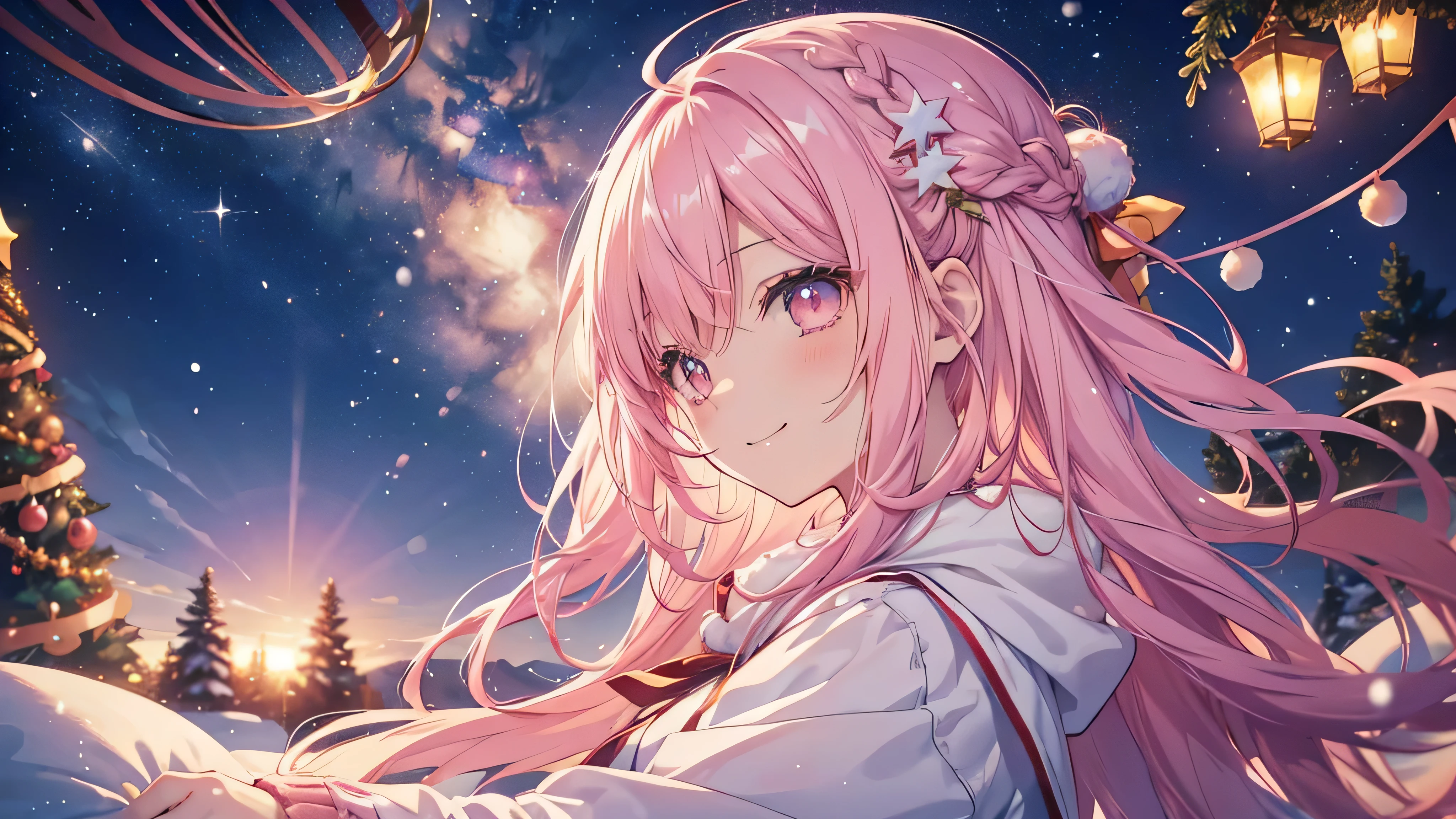  cute anime pink haired girl、 Dynamic、 long hair、Christmas tree and dialogue ( Best Smile 、 Christmas style ,Snow Scene,)profile,,Night Sky,Dreamlike、 enchantment、 Shine、Warm colors、Soft lighting