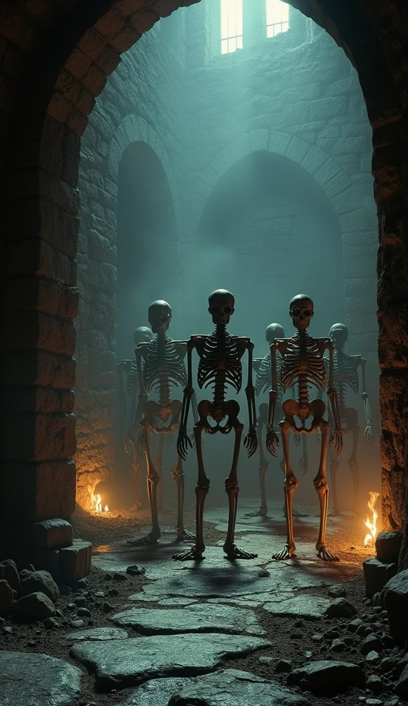 Almasais-RCN Catholic Temple, the winding catacombs beneath an ancient city, skeletons lining the walls in silent vigil, with cryptic symbols carved into the bones that appear to move in the cinematic torch