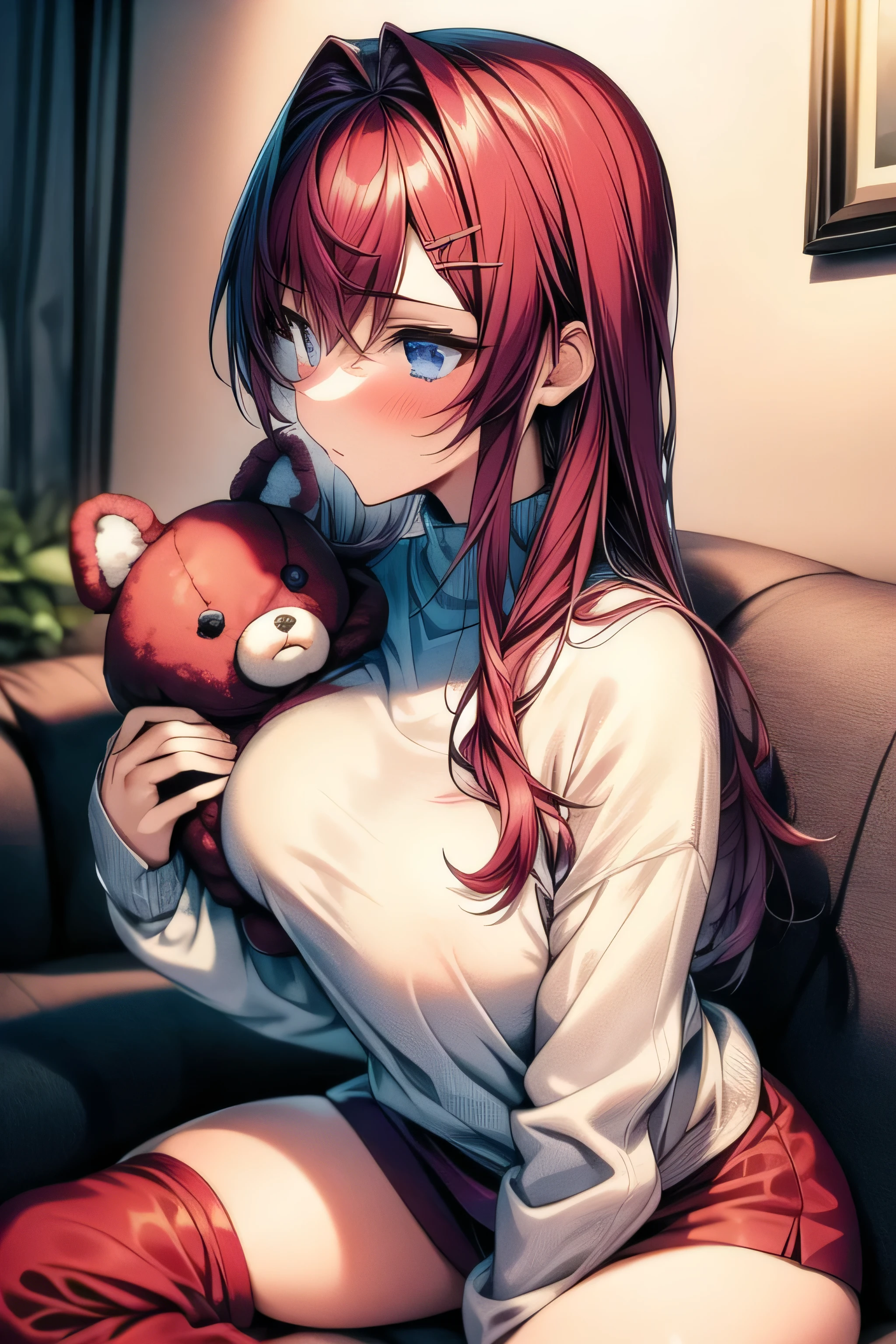 masterpiece, 1 girl, 18 years old, Alone ,Melancholy profile, I'm going to look up, miniskirt, Winter clothes, Loungewear, Fluffy,   lean forward ,  pant stockings, Sitting beside me on the couch, close, I'm holding a stuffed animal , 