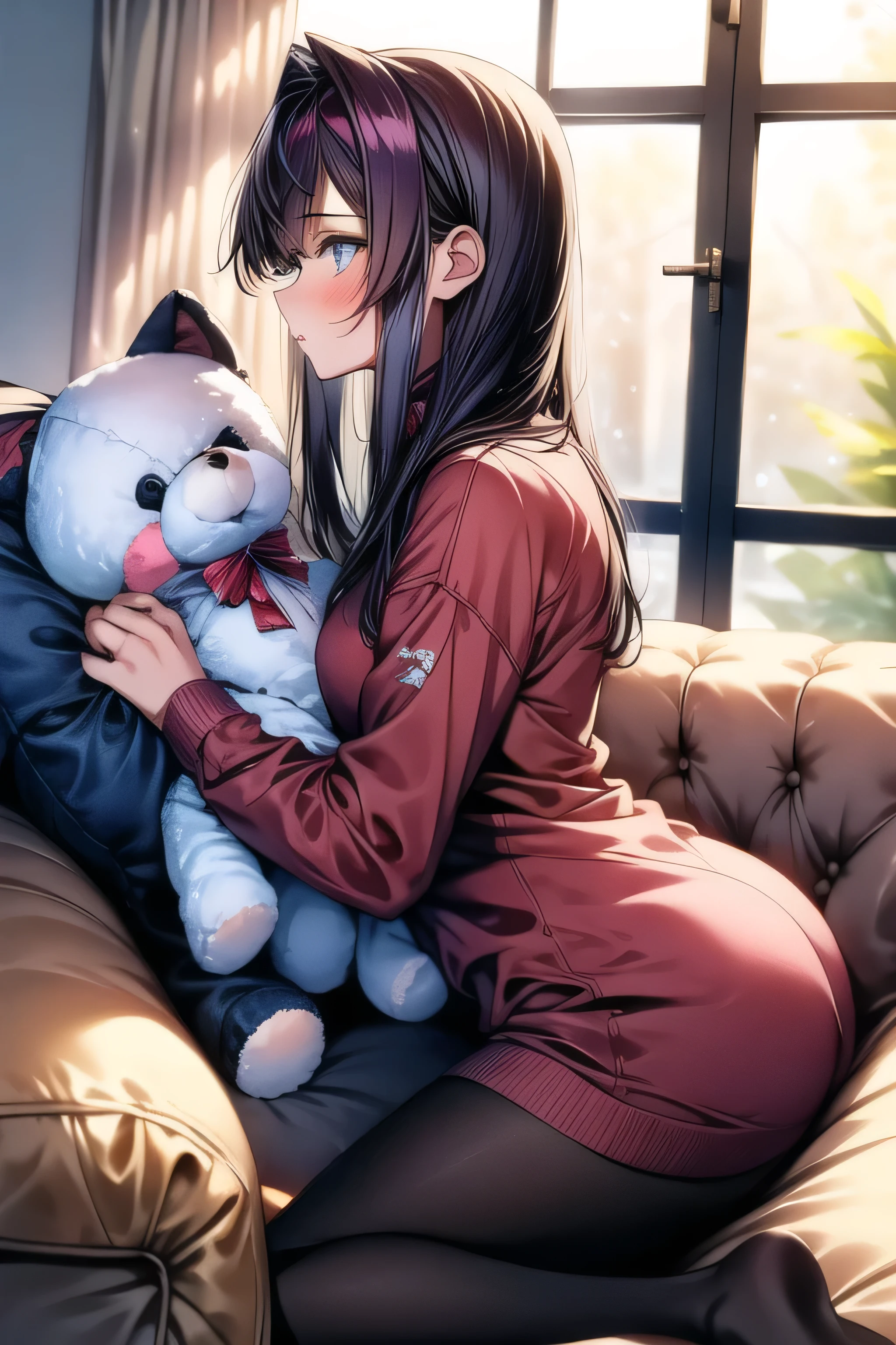 masterpiece, 1 girl, 18 years old, Alone ,Melancholy profile, I'm going to look up, miniskirt, Winter clothes, Loungewear, Fluffy,   lean forward ,  pant stockings, Sitting beside me on the couch, close, I'm holding a stuffed animal , 