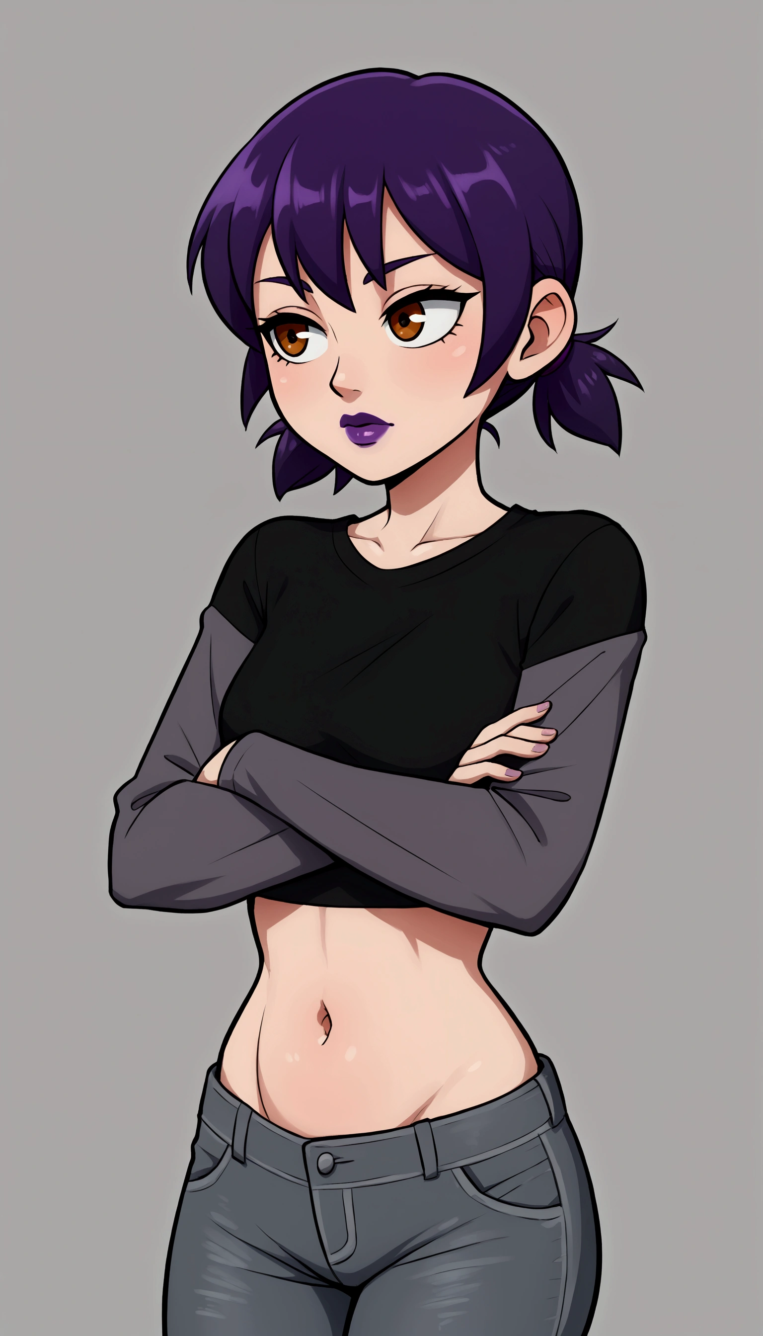 1girl, purple hair, short twintails, gray jeans, taut black t-shirt, long gray sleeves, crop top, midriff, belly, navel, purple lipstick, arms crossed