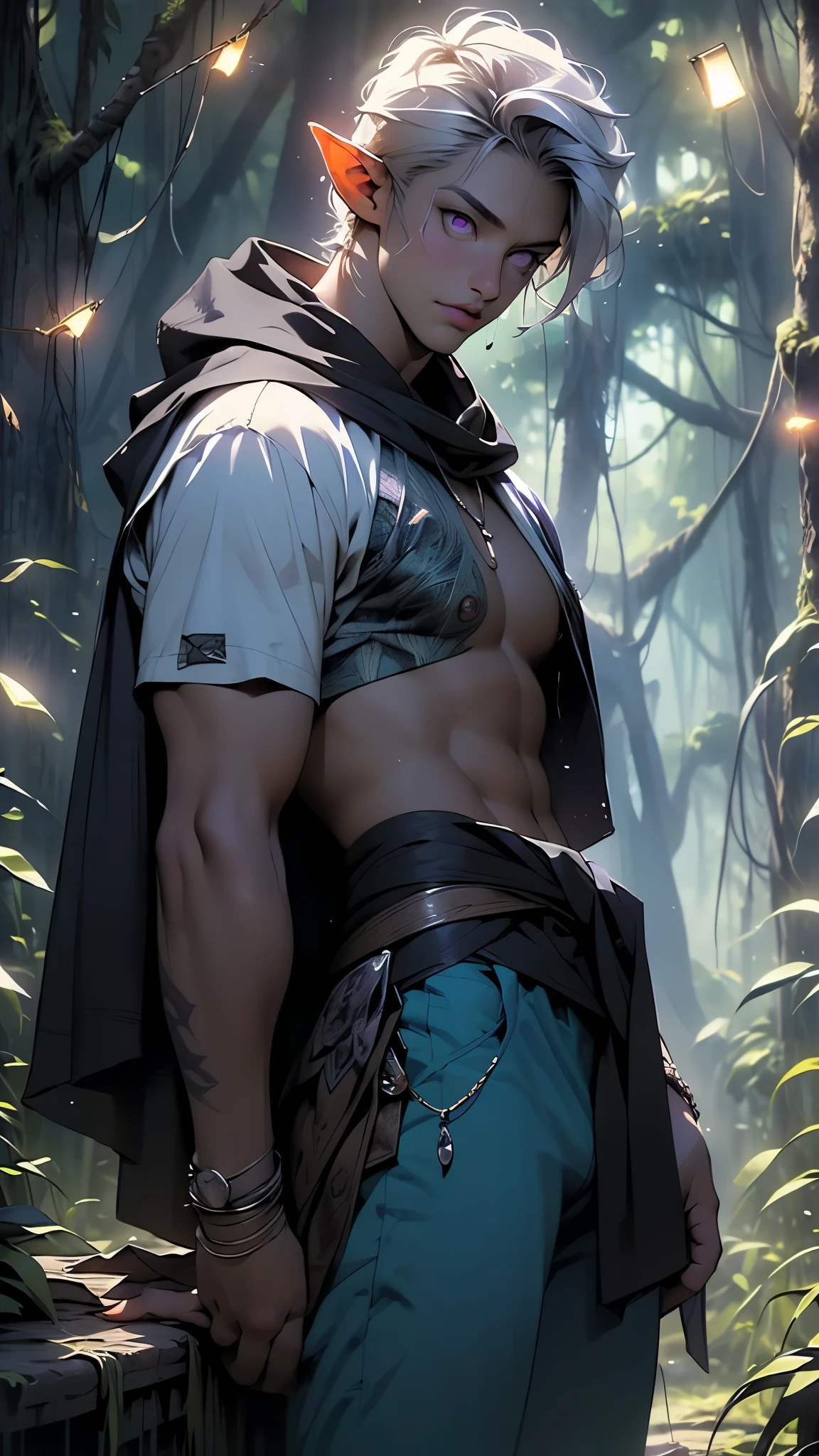 Anime male with white hair and blue eyes in a forest - SeaArt AI