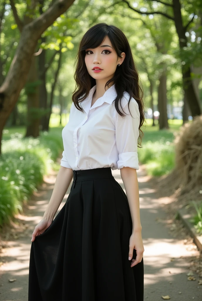 Em1ru wearing white blouse and black skirt posing for the picture at the park in the shade, sunny, casting shadows, vivid, intricate details  