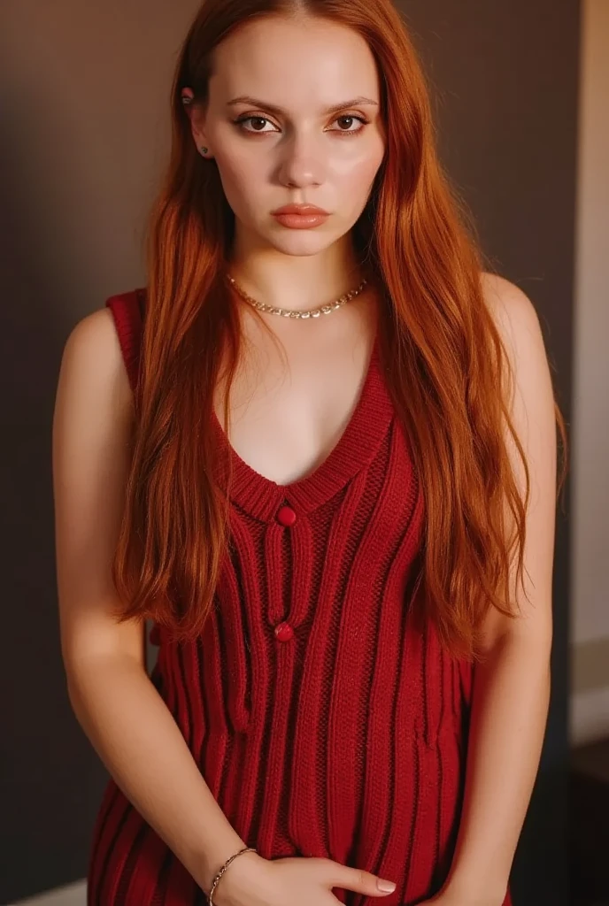 from behind, low angle, full body shot, underneath shot, raw photo,(13yo skinny redhead girl:1.2), ((intense red hair)), blushing, graphic eyeliner, rouge, (lipstick:0.6), (choker:0.9), realistic skin texture, oversize knit sweater, (red:0.8), softcore, warm lighting, cosy atmosphere, instagram style, nsfw , naive, shy, short, thin, fit, beautiful, cute, pale skin, just a little smile, very suggestive pose
