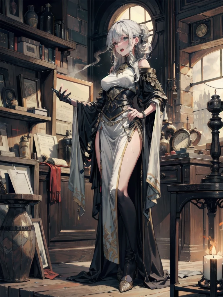 absurdres, RAW photo, extremely delicate and beautiful, masterpiece, Best Quality, ultra high resolution, 32k, hyperrealistic, ultra-detailed, Very detailed CG 8k wallpaper, detailed background, landscape, Beautiful Lighting, Perfect Lightning, Realistic Shadows, perfect anatomy, anatomically correct, ideal ratio body proportions, perfect figure, Perfect Style, Perfect balance, super Detailed skin, in her 30s, very Slim body, narrow waist, very small head, very small face, delicate facial features, handsome detailed woman, very detailed eyes and face, realistic face proportions, Realistic beautiful face, Realistic beautiful eyes, tearful mole, earring, whole body shot, very huge round tits, medium hair, asymmetrical hair, wavy hair, witch in her alchemist room, working on her project with a steaming cauldron filled with green glowing smoke, against the backdrop of a fantasy night with a full moon and a view from the window, dressed in a traditional witch outfit,