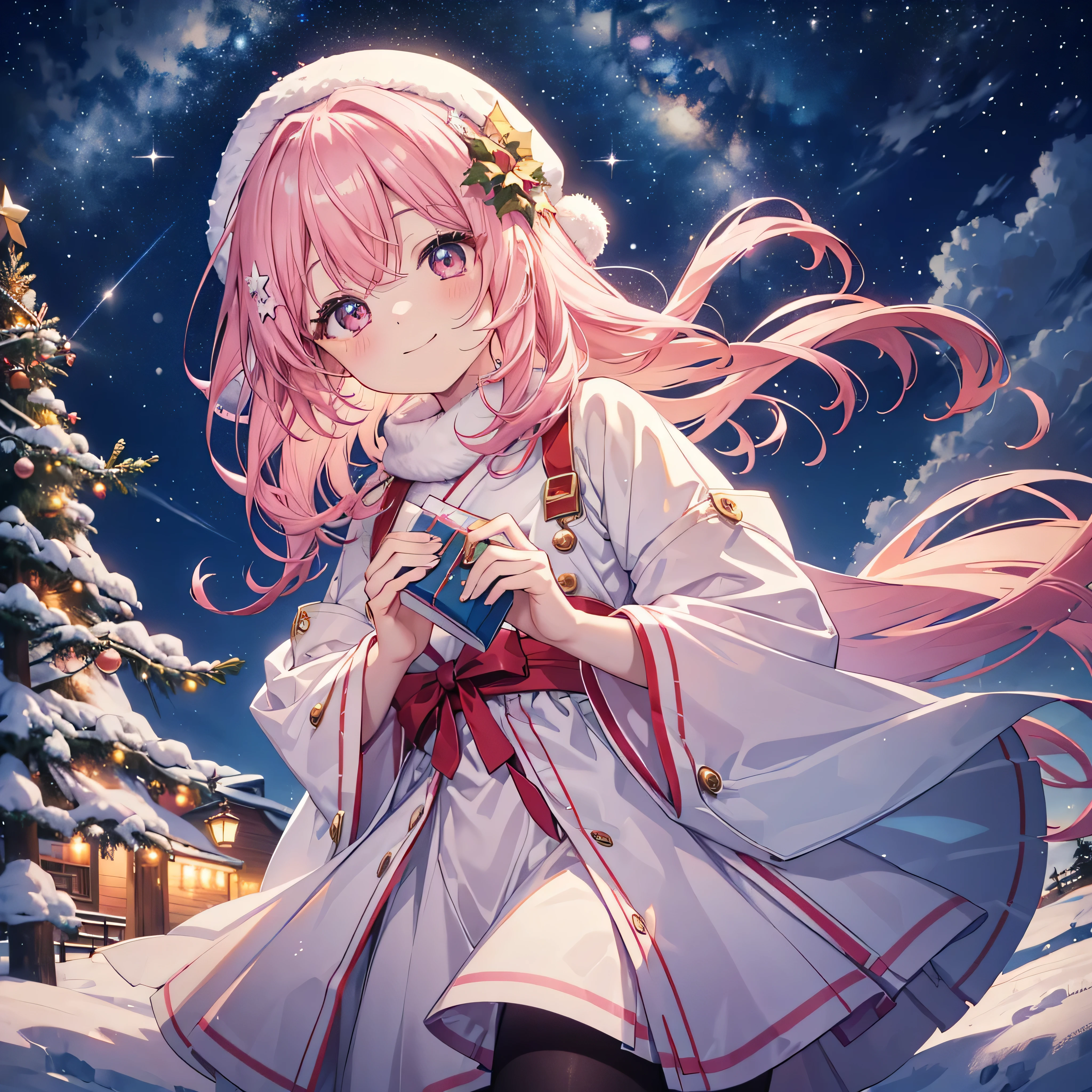 かわいいアニメの looking up  Smiling s、、 Dynamic、 long hair、 cute anime pink haired girl looking up at Christmas tree connecting hearts ,( looking up , best smile、 Christmas style ,Snow Scene,)Night Sky,Dreamlike、 enchantment、 Shine、Warm colors、 soft lighting , Smiling s、星のようにShine 心をつなぐ、Melody of Kindness 