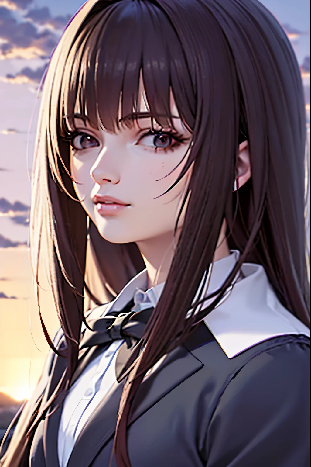 Anime girl with long hair in a suit and a bow,  realistic anime art style , anime girl portrait,  soft anime cg art , beautiful anime high school girl, realistic young anime girl,  portrait of an anime girl ,  anime style . 8K,  anime moe art style , Beautiful anime portrait,  High quality anime art style ,  anime style  portrait, attractive anime girl