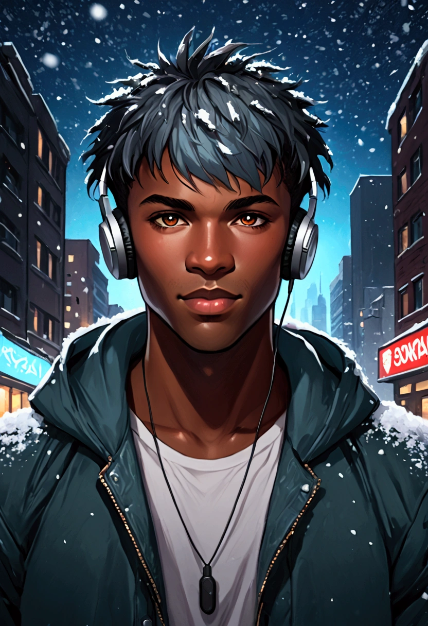 
(foco frontal), (8k, 4k, intricate),(closeup-shot:1), (highly detailed:1.2),(detailed background:1.2, apocalyptic city, apocalyptic background, snowing, night time), Masterpiece, best quality, {best quality}, {{masterpiece}}, {highres}, focus, anime style, detailed eyes, smiling, dark skinned male with red headphones, anime guy with headphones and a jacket on, with headphones , African-American model, close up of an African American man with hair bangs over lefteye((looking at the viewer, light blue, handsome face, black hair{{{silver highlights}}}, a black man with short spiky hair bangs,, cel-shaded:17, caleb from critical role, drawn in the style of mark arian, as a dnd character, colored sketch, fanart