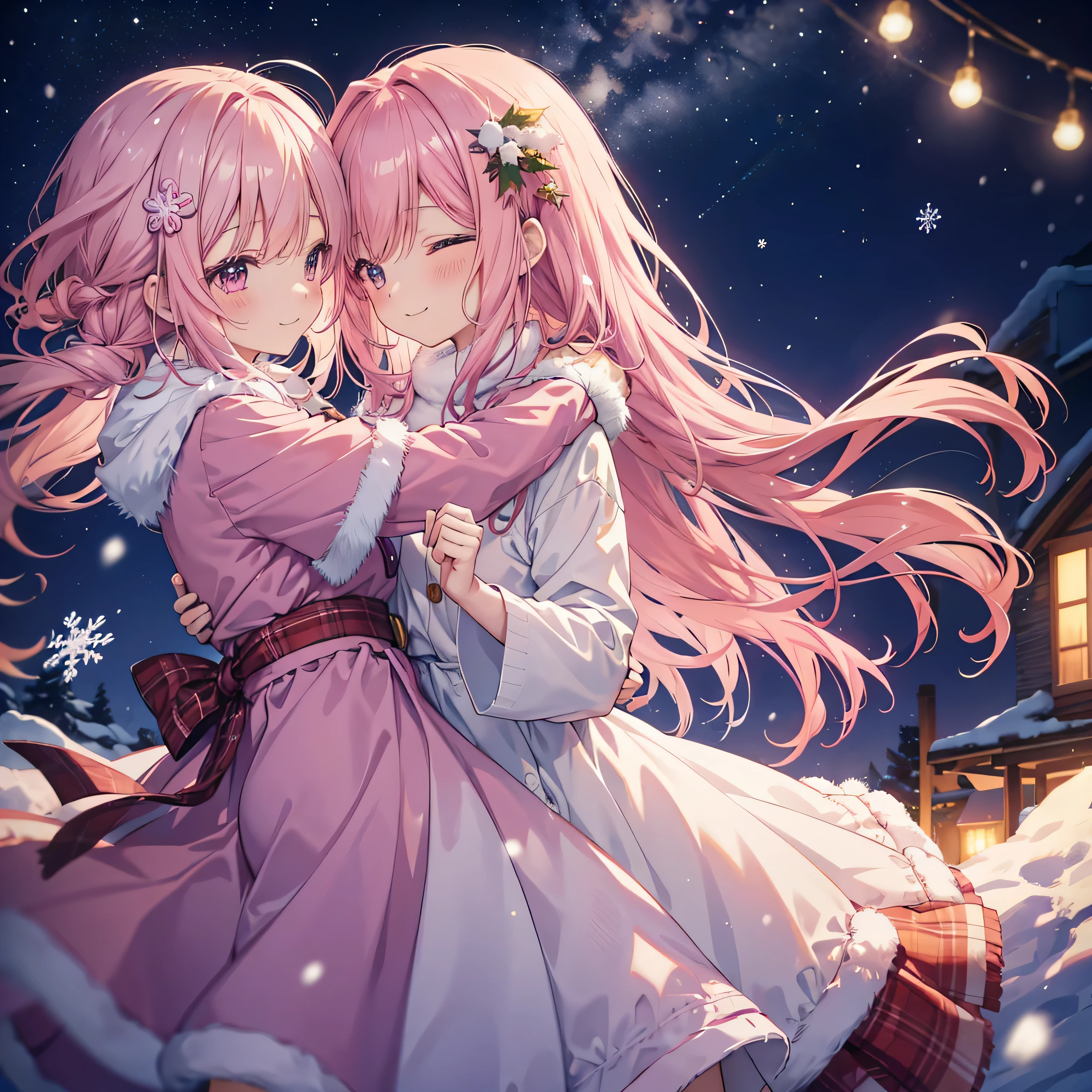  cute anime pink haired girl、 Dynamic、 long hair、 cute anime pink haired girl looking up at Christmas tree connecting hearts ,( best smile、 Christmas style ,Snow Scene,)profile,,Night Sky,Dreamlike、 enchantment、 Shine、Warm colors、 soft lighting , Smiling s、星のようにShine 心をつなぐ、Melody of Kindness 