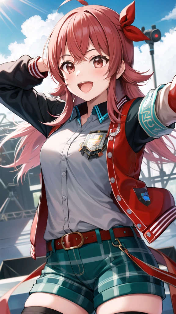 masterpiece, best quality, highres, aakaho, long hair, ahoge, hair ribbon, red ribbon, letterman jacket, long sleeves, armband, open jacket, collared shirt, grey shirt, red belt, green shorts, plaid, black thighhighs, holding microphone, stage, blue sky, outdoors, smile, open mouth,