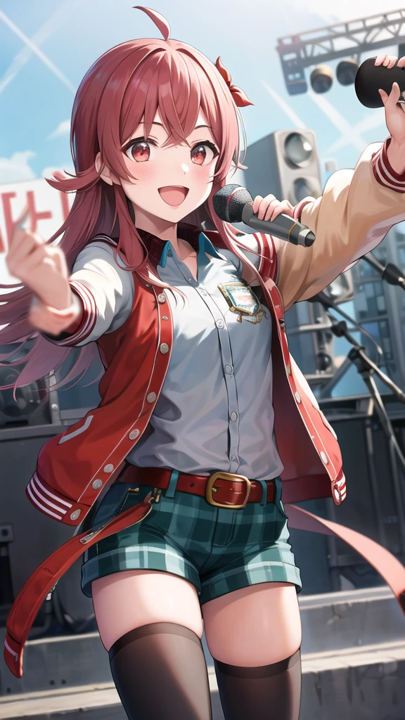 masterpiece, best quality, highres, aakaho, long hair, ahoge, hair ribbon, red ribbon, letterman jacket, long sleeves, armband, open jacket, collared shirt, grey shirt, red belt, green shorts, plaid, black thighhighs, holding microphone, stage, blue sky, outdoors, smile, open mouth,