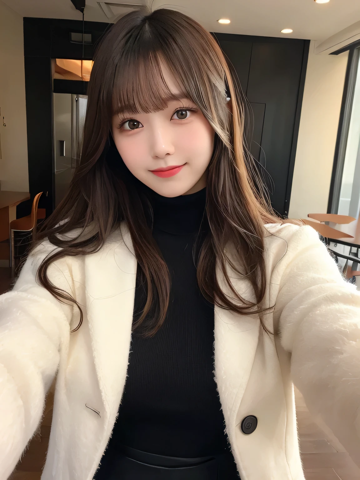 table top, highest quality, shape, Super detailed, finely, High resolution, 8k wallpaper, 完璧なダイナミックな構shape, beautiful and detailed eyes, straight hair, small breasts, natural color lip, random sexy pose,smile,20 year old girl、midnight、beautiful and detailed face、perfect and beautiful face,Big eyes、RAW photo、Expressing feminine poses with your whole body、beautiful and detailed eyes、small face、beautiful duplex、slim face and style,luxury brand mink coat(internal：winter dress)、beautiful golden ratio face,twin ponytail hair,bright look,Photographed focusing on beautiful legs、real photos