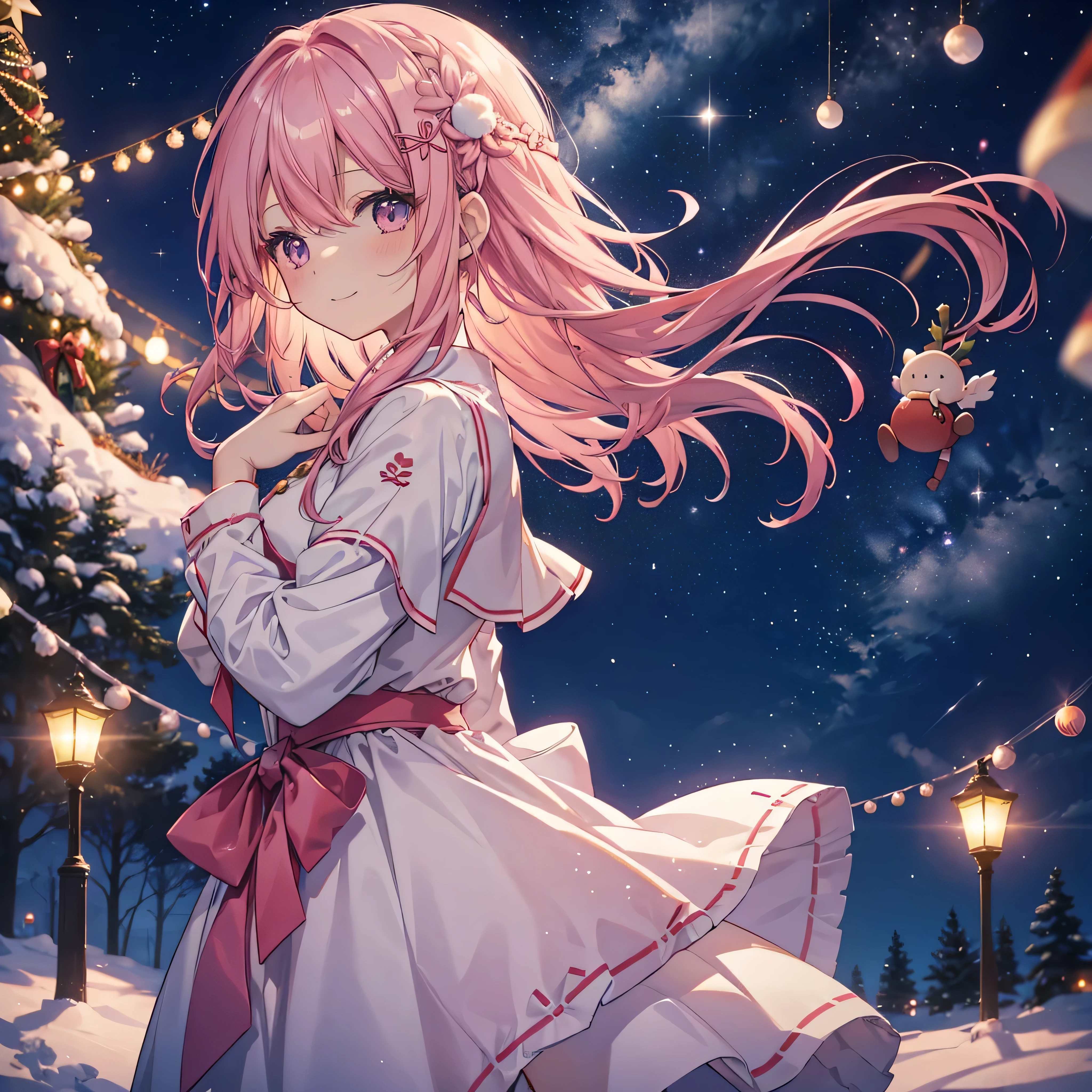  cute anime pink haired girl、 Dynamic、 long hair、 cute anime pink haired girl looking up at Christmas tree connecting hearts ,( best smile、 Christmas style ,Snow Scene,)profile,,Night Sky,Dreamlike、 enchantment、 Shine、Warm colors、 soft lighting , Smiling s、星のようにShine 心をつなぐ、Melody of Kindness 