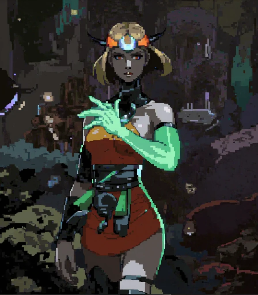 transform this woman(Melinoe daughter of Hades) in to Pixel Art.