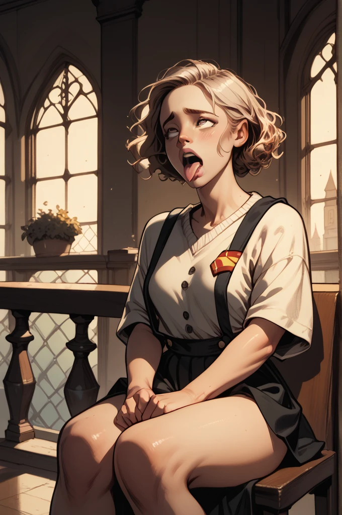 Harry potter wearing only a thong showing. Perfect anatomy. Ahegao, sitting on a chair in a balcony. Best quality.