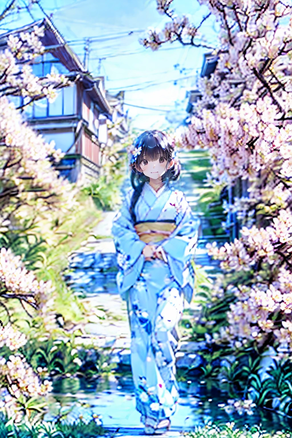 ((Cherry blossom treesの中を長く続く階段を下りているひとりの女の子))　( Wearing a traditional Japanese kimono )　 Brown Long Hair 　Highlighted Hair 　 　 deep neckline 　smile　 Exact Face Drawing 　Exact Hand Depiction 　Spring weather　Cherry blossom trees　　( Cherry blossom tree with lots of flowers blooming )　Cherry blossom petals dancing in the wind 　( Distant townscape seen below the stairs behind the girl )　Steep slope　Composition from above　View from the top of the stairs 　 detailed down to the smallest detail　Detailed depiction　anime　 high definition 　( high definition)　( top quality)　 Masterpiece