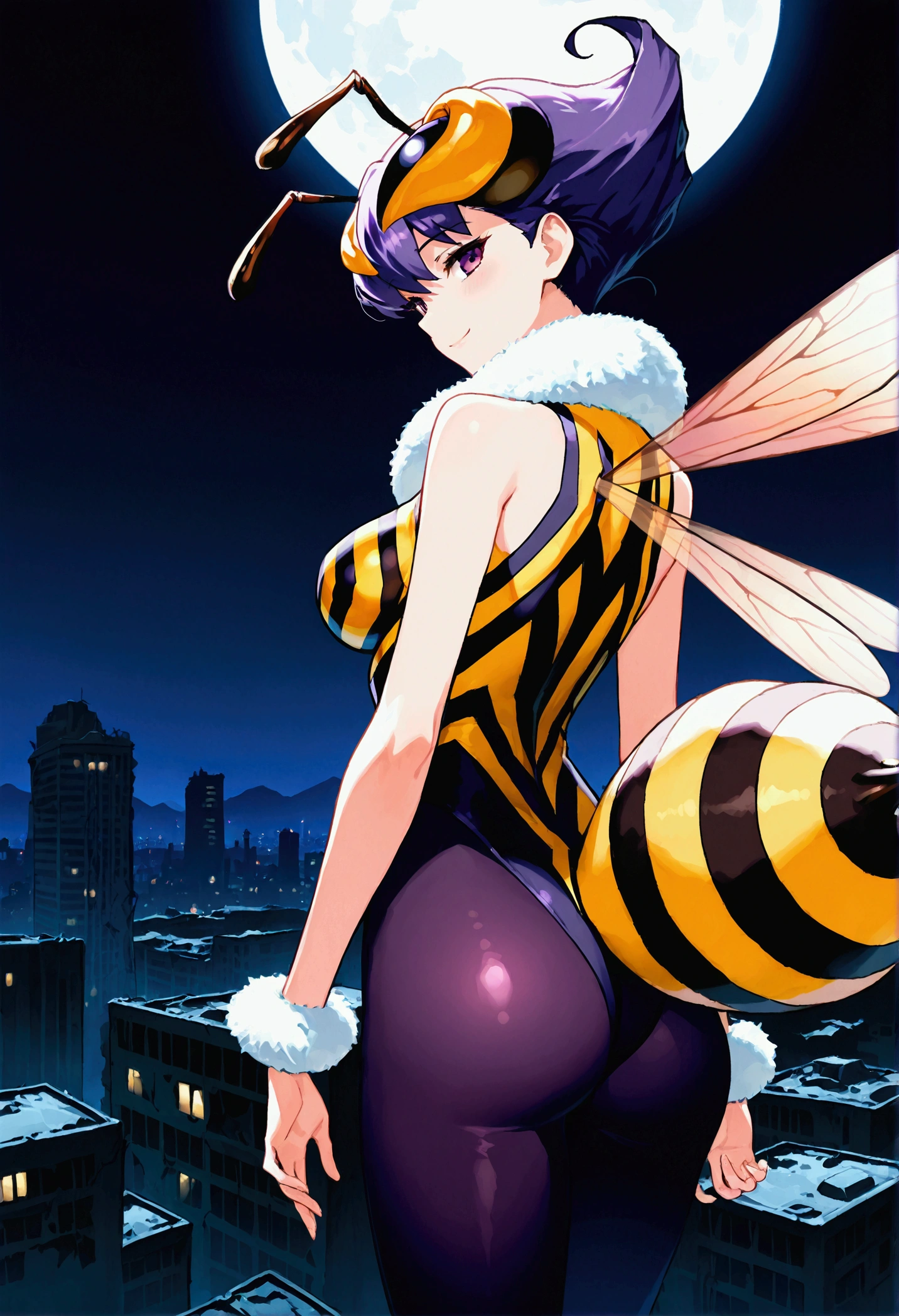 score_9,score_8_up,score_7, source anime, BREAK, 1girl, solo, bee girl, q-bee darkstalker, abdomen tail, bee tail, arthropod girl, wings, solo, antennae, purple hair, insect wings, monster girl, purple eyes, short hair, pantyhose, looking at viewer, purple pantyhose, bangs, leotard, fur collar, smile, bare shoulders, bodysuit, sleeveless, breasts, fur trim, seductive, sexy, night sky, post-apocalypse, crumbling city on background, late night, moon, (masterpiece), best quality, high res, HD, 4k, 8k, Detailed Illustration, intricate detail, cinematic lighting, amazing quality, amazing shading, soft lighting, absurdres, newest,  half-length portrait, close-up, from behind, back, rear back, bending forwarf, flying,