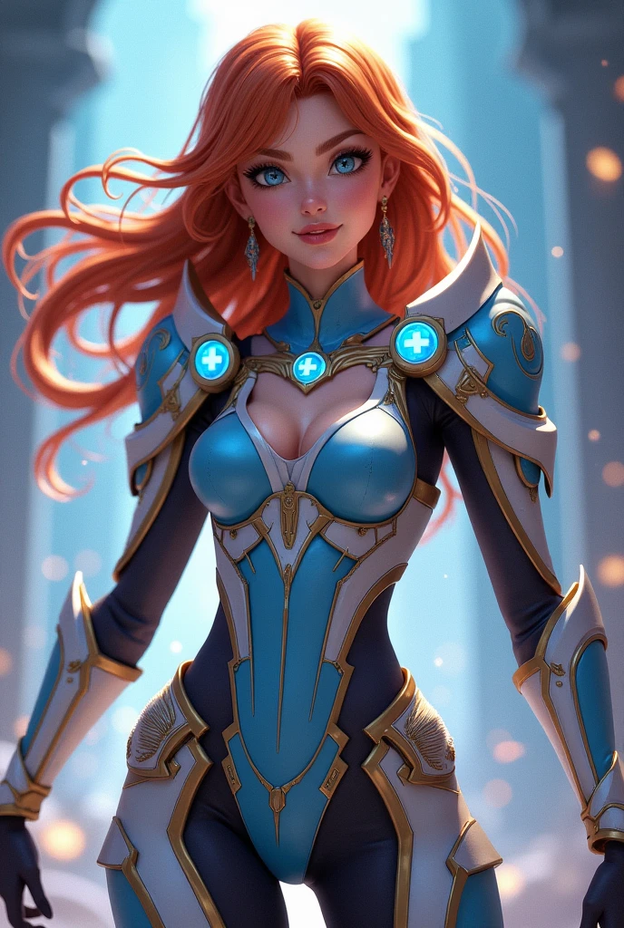 Neon,sky, crystal clear eyes, reflection, flowing hair, smile,  armour, sexy, girl, ember, hair, cyber city, backrground, shadow, gold, gems, windy, snowflakes,