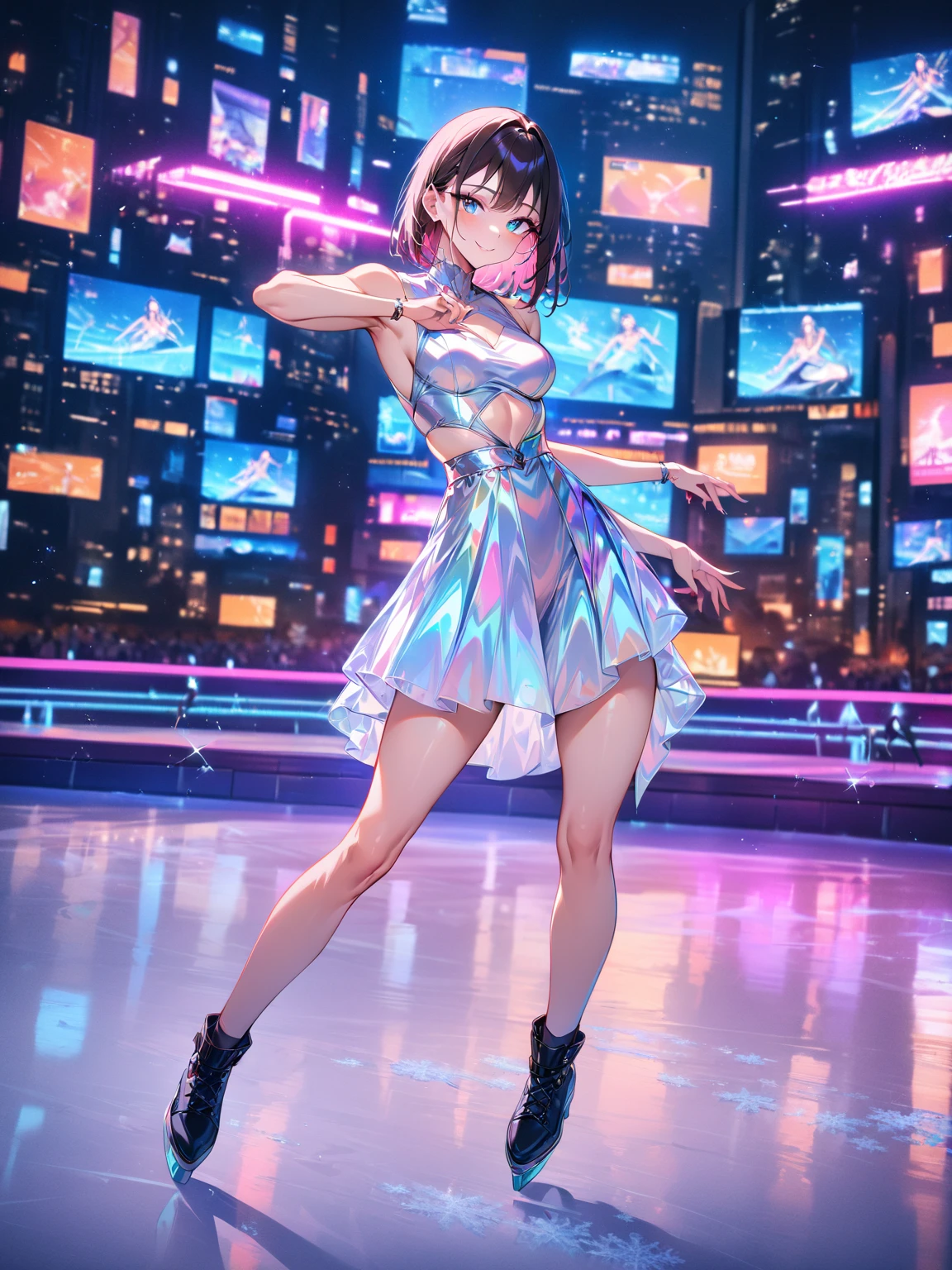 (masterpiece, best quality, very aesthetic, absurdres), (8k, RAW photo, best quality), (extremely detailed wallpaper), 

1girl, perfect body, anatomically correct, smile, 

beautiful face, beautiful eyes, futuristic ice dance performance, graceful pose, holographic, skating rink, neon lighting illuminating the skater, cyberpunk cityscape background, sleek metallic outfit, digital, snowflakes, 