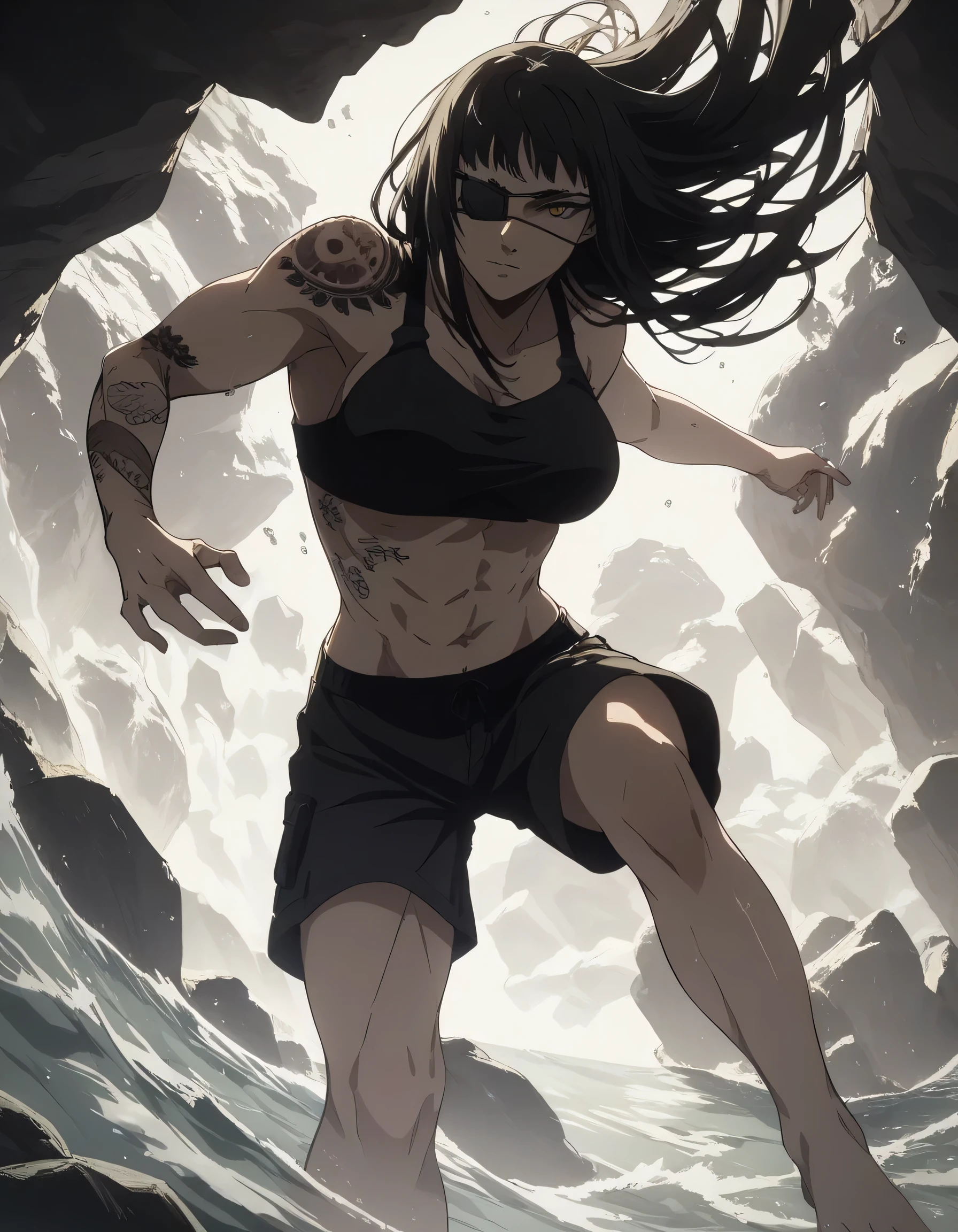 score_9, score_8_up, score_7_up,score_6_up,high resolution,source_anime,s0fiavalm3t,1girl,eyepatch,black hair,long hair,,water,rocks,volumetric lighting,rim lighting,dof,dramatic shadow,full body,dynamic pose,looking at viewer,pov,suspended in air, tattoos on shoulder,wearing sport bra,black sport shorts,Barefoot,training hard,,sporting attraction,Crunches exercise 