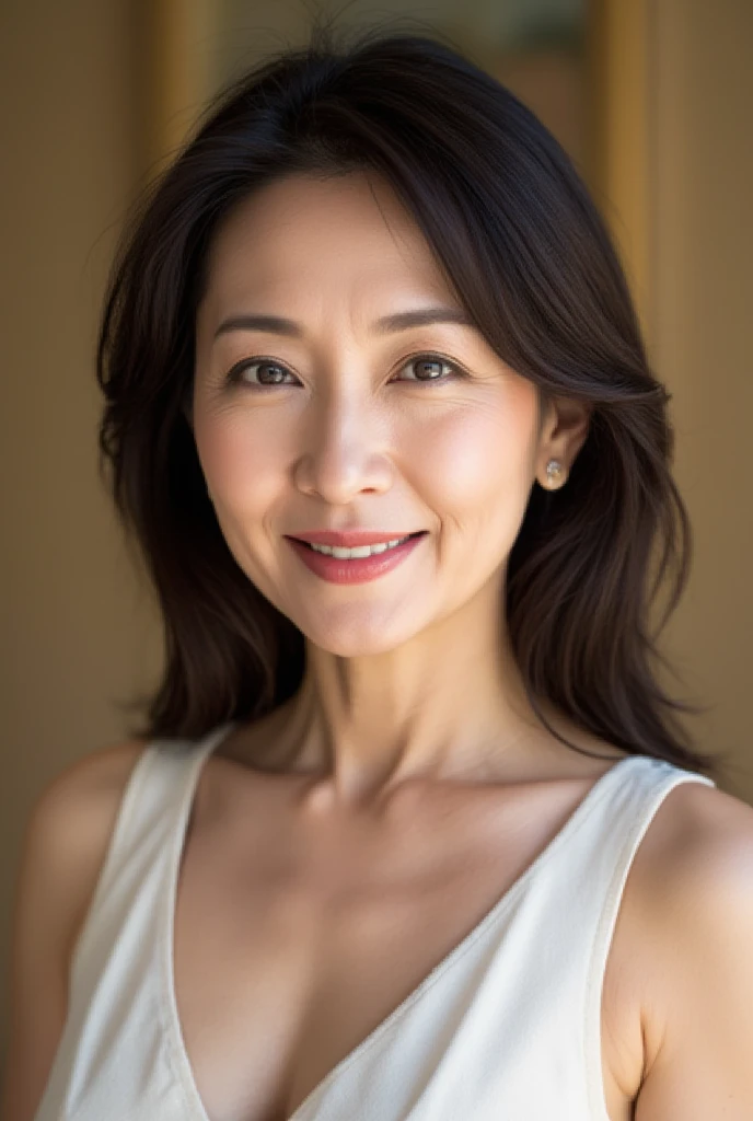 Mature Woman,  ( detailed description of hair ), (Detailed description of the face), (Detailed description of the body), high definition , masterpiece,  top quality,  high detail, formal: 1.4), ( realistic : 1.2, 超 realistic な: 1.1,  realistic: 1.37), ( Sharp Focus : 1.4),  is written by,  physical based rendering,  Wavy hair, ,  unrivaled beauty , (Ultimate beauty), (lipstick:1.1), ( eyeliner :1.2),  mascara,  Eye Shadow , (48 years old,: 1.4), Japanese、 close-up 、 fine lines of laughter :1.2、seductive smile,beautiful background,shirt