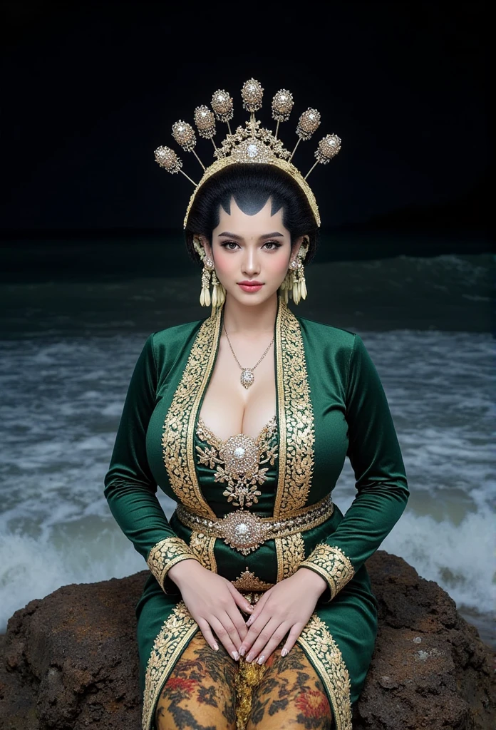  woman with her chin split in half in a traditional traditional Javanese robe dress of green color. Green Javanese traditional batik sarong.  silver , cuffs, collar,  gold crown on his head  .  in front of the camera . nice detail .  And nice .  On The Rock. Sitting on a rock the waves hit her feet .  Background in the middle of the blue sea waves flying in the air . No light Dark night . °mix4 , 20d,hyper-realistic:1.37),16K HD