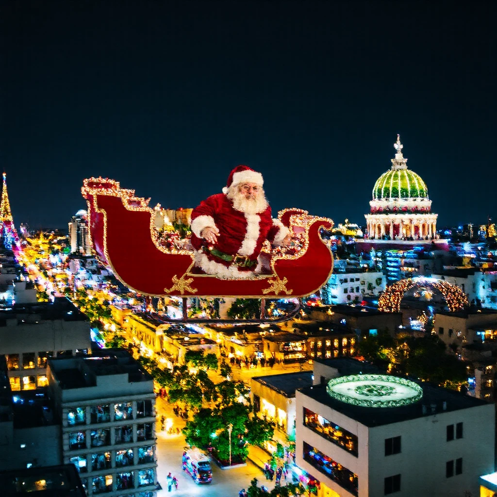 {
  "title": "Santa Claus and the Sleigh in Flight over Mexico City ",
  "Description": {
    " Setting ": " Santa Claus flying in his sleigh over Mexico City illuminated by Christmas lights.",
    "style": " Cinematic and detailed ,  capturing the city lights and the moving sleigh .",
    "emotion": "Wonder and excitement ,  with an adventurous atmosphere ."
  }
}
