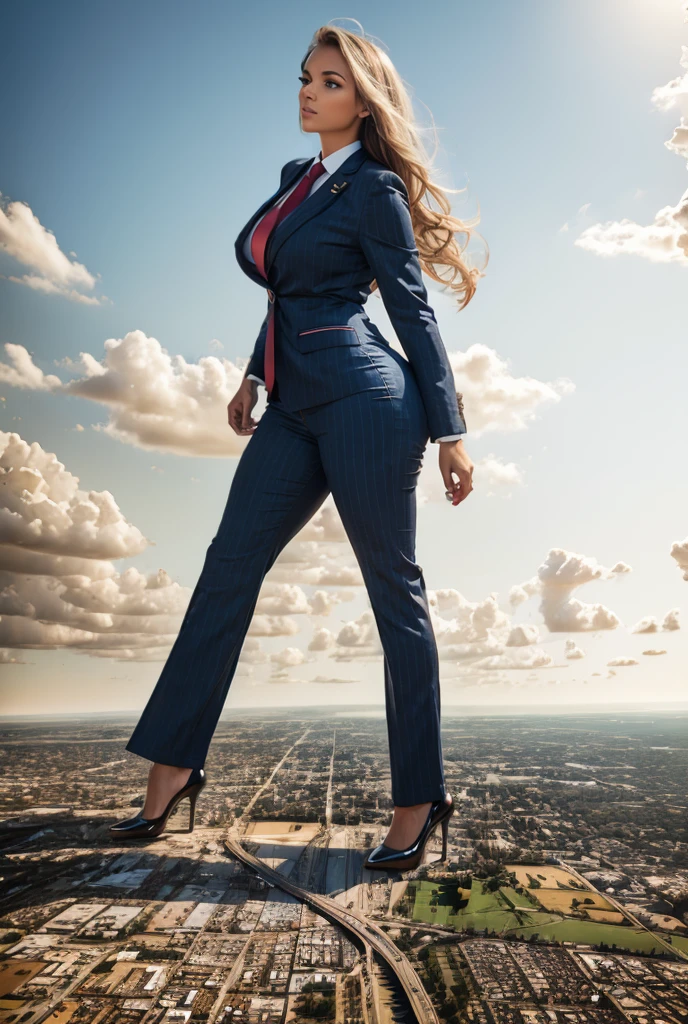 Giantess art, giga giantess, sophisticated and stylish woman in a light navy blue italian pinstriped trouser suit, form fitting crisp white office shirt, and a large wide red necktie in a windsor knot, with a beautiful, curvaceous figure, large natural breasts, and very long bright blonde hair, with a curvaceous figure and massive breasts. wearing red rounded court high heels with uncovered feet and standing, rampage-like pose, with a cityscape background of mega-city, urban sprawl, and small towns, partially obscured by a hazy, cloudy atmosphere. The image is a high-resolution, masterpiece-quality, cinematic, ultra-detailed, and hyper-photorealistic photograph, with perfect hands, face, and lighting. ultra-detailed, 8K, photo-realistic, hyper-realistic, masterpiece, intricate details, full body view. Looking at camera, The image is a high-resolution, masterpiece-quality, cinematic, ultra-detailed, and hyper-photorealistic photograph, with perfect hands, face, and lighting. ultra-detailed, 8K, photo-realistic, hyper-realistic, masterpiece, intricate details, full body view