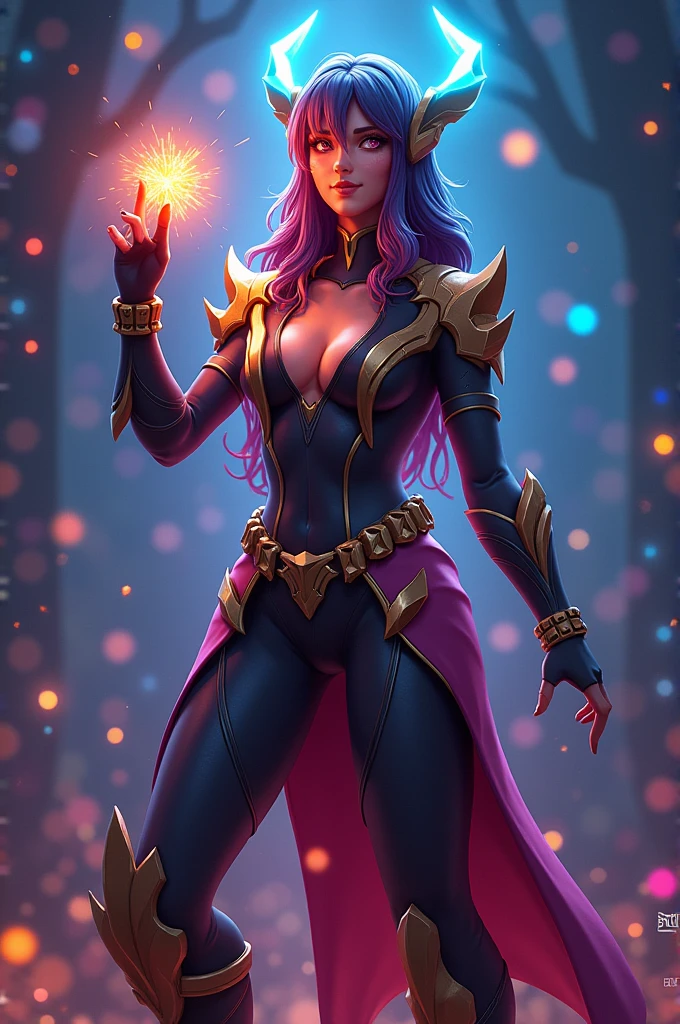 Purple hair and eyes(glowing purple ), golden hue skin, clear skin, hyper realistic, best quality. Black fire, full body, sharp features, dainty nose, full body image, golden ratio, princess attire, black lipstick,deep set eyes, partially revealing clothes, fairy castle background