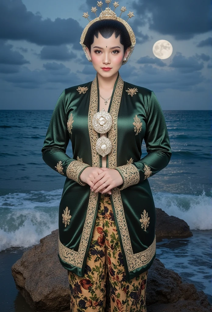  woman with her chin split in half with traditional traditional Javanese robe dress in green. Green Javanese traditional batik sarong.  silver , cuffs, collar,  gold crown on his head  .  in front of the camera . nice detail .  And nice .  On The Rock. Sitting on a rock the waves hit her feet . Full moon background in the middle of the blue sea waves flying in the air . No light Dark night . °mix4 , 20d,hyper-realistic:1.37),16K HD